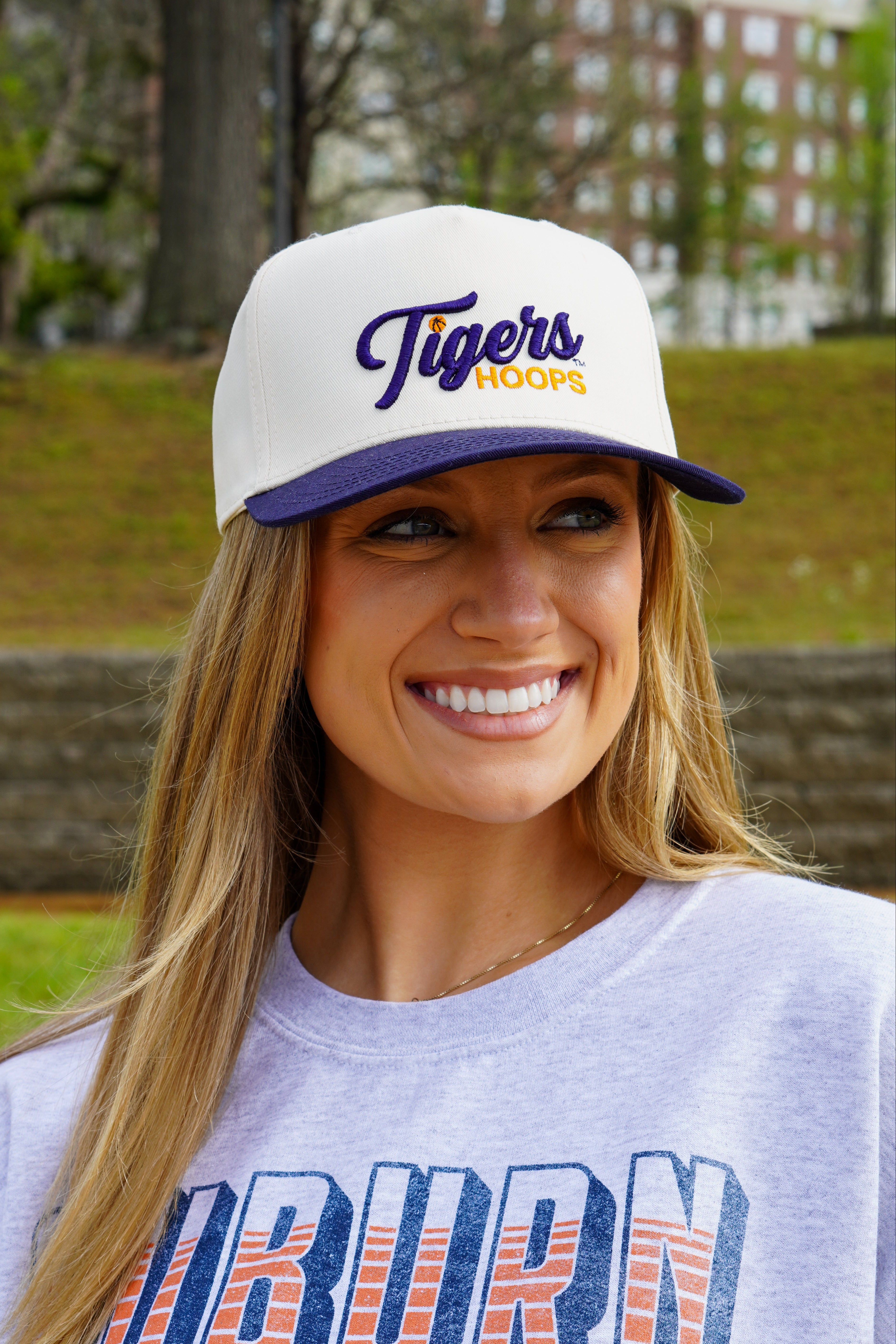 Auburn University Cream and Navy Hat featuring Navy script "Tigers" and Orange "Hoops" embroidery