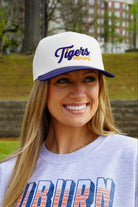 Auburn University Cream and Navy Hat featuring Navy script "Tigers" and Orange "Hoops" embroidery