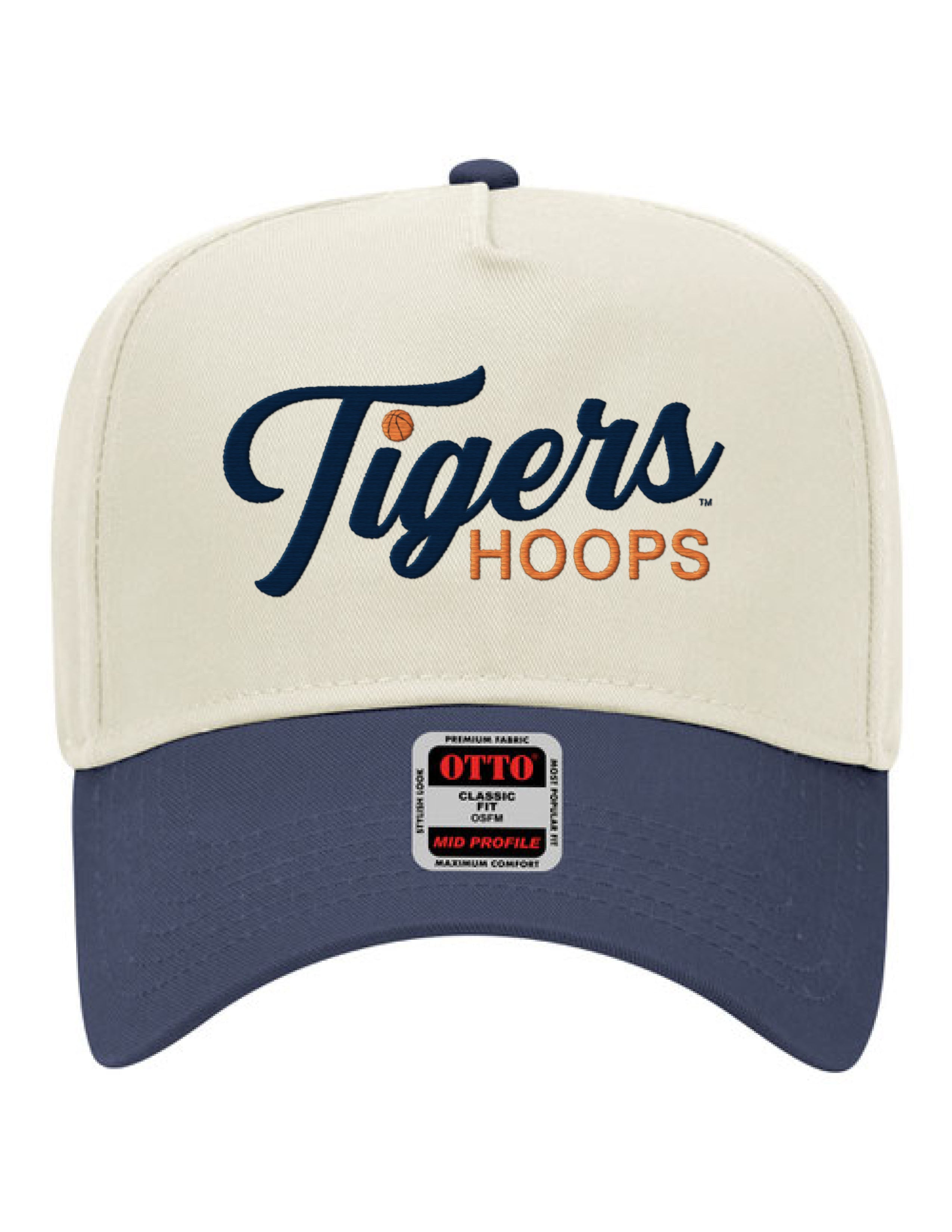 Auburn University Cream and Navy Hat featuring Navy script "Tigers" and Orange "Hoops" embroidery