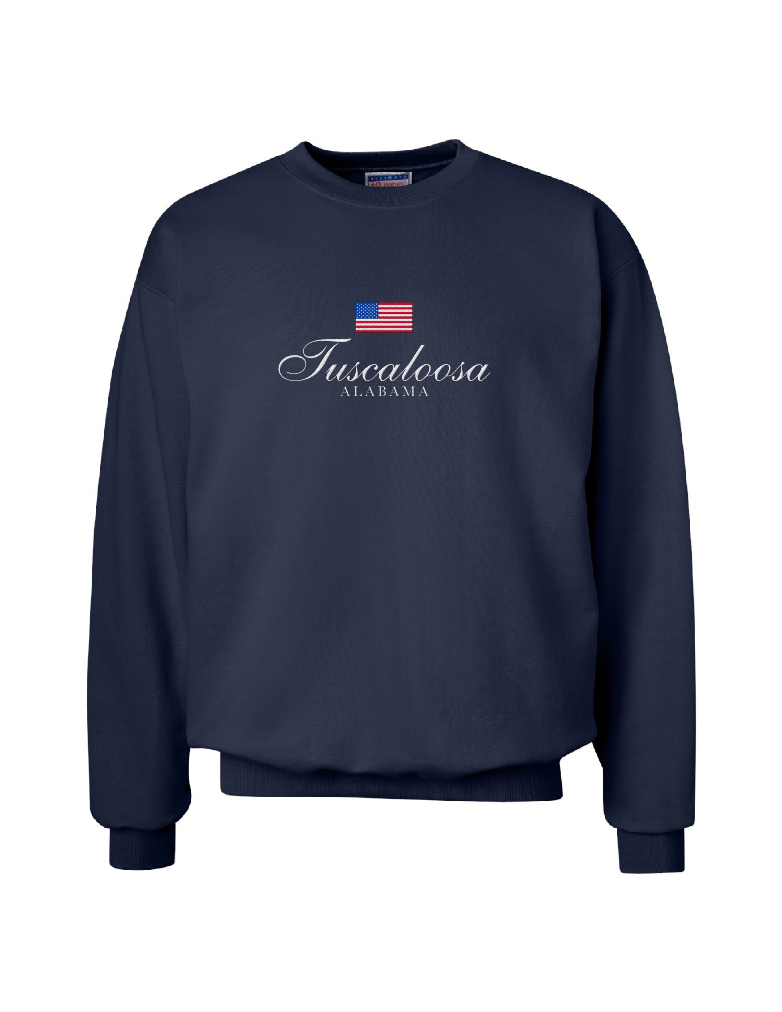 Navy Crewneck with an American Flag above White text “Tuscaloosa Alabama”