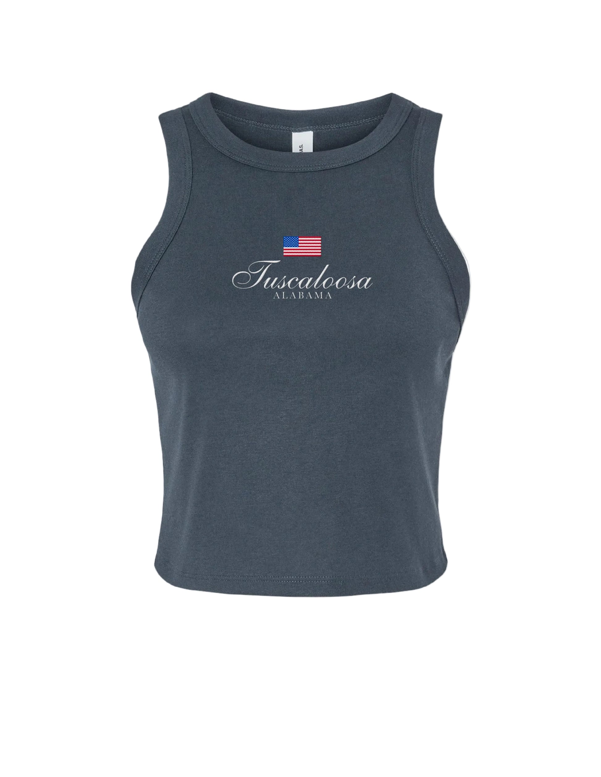 Local Merch Navy Tank Top with an embroidered American Flag above White embroidered text “Tuscaloosa Alabama”