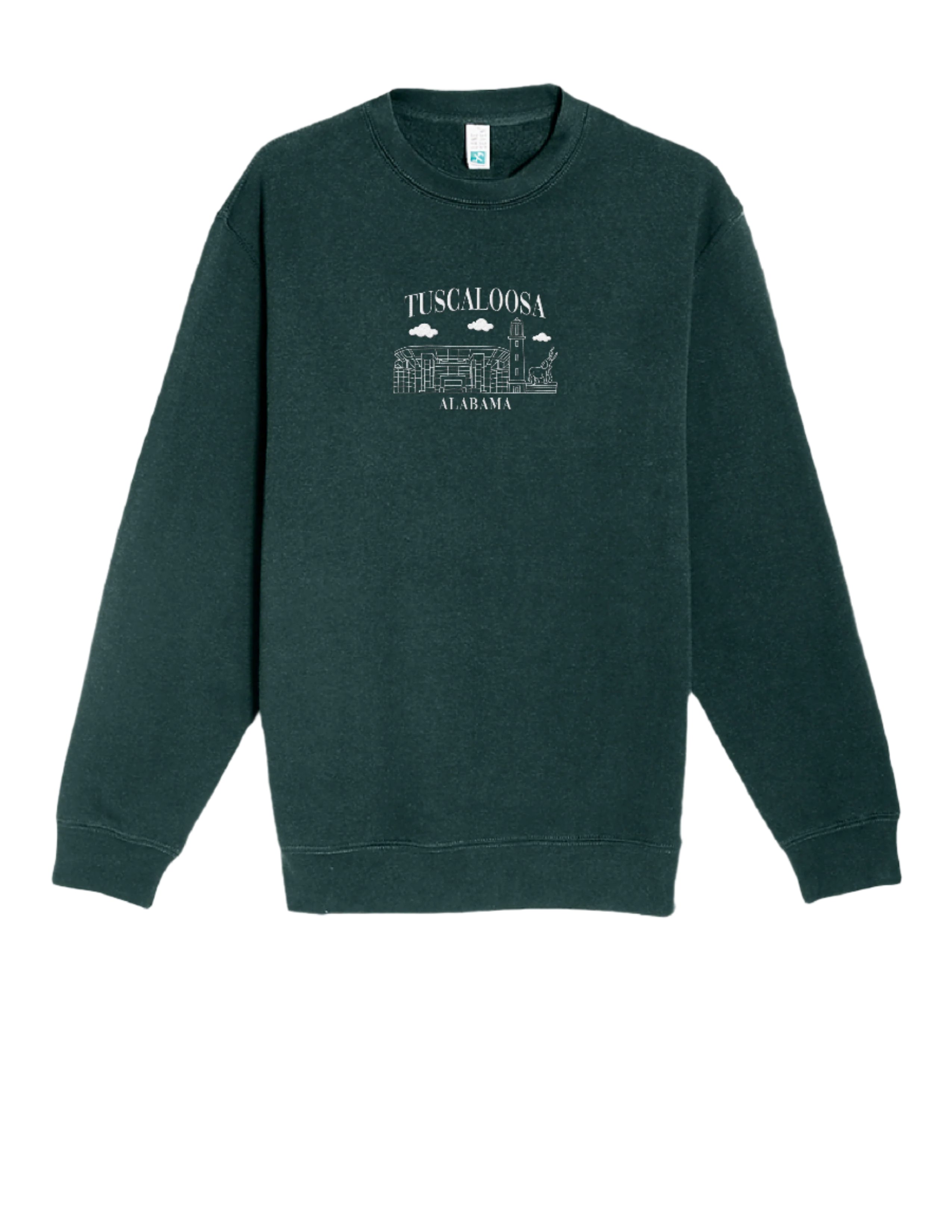 University of Alabama Tuscaloosa Landmarks Dark Green Lane Seven Ladies' Sweatshirt with White embroidery of Tuscaloosa landmarks under text "Tuscaloosa"