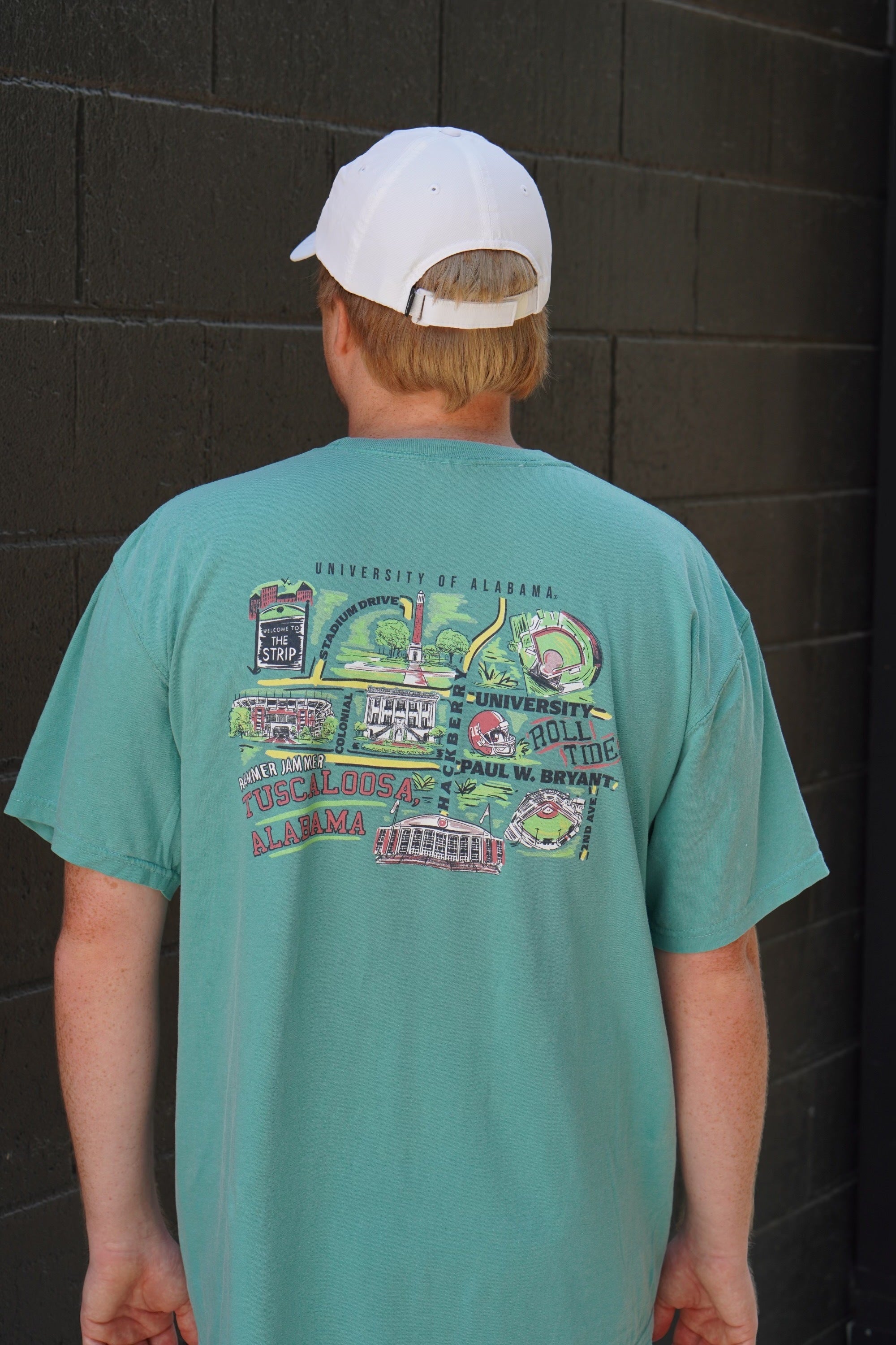 University of Alabama  Tuscaloosa Seafoam Comfort Colors T-Shirt with a graphic map of The University of Alabama landmarks (Back)