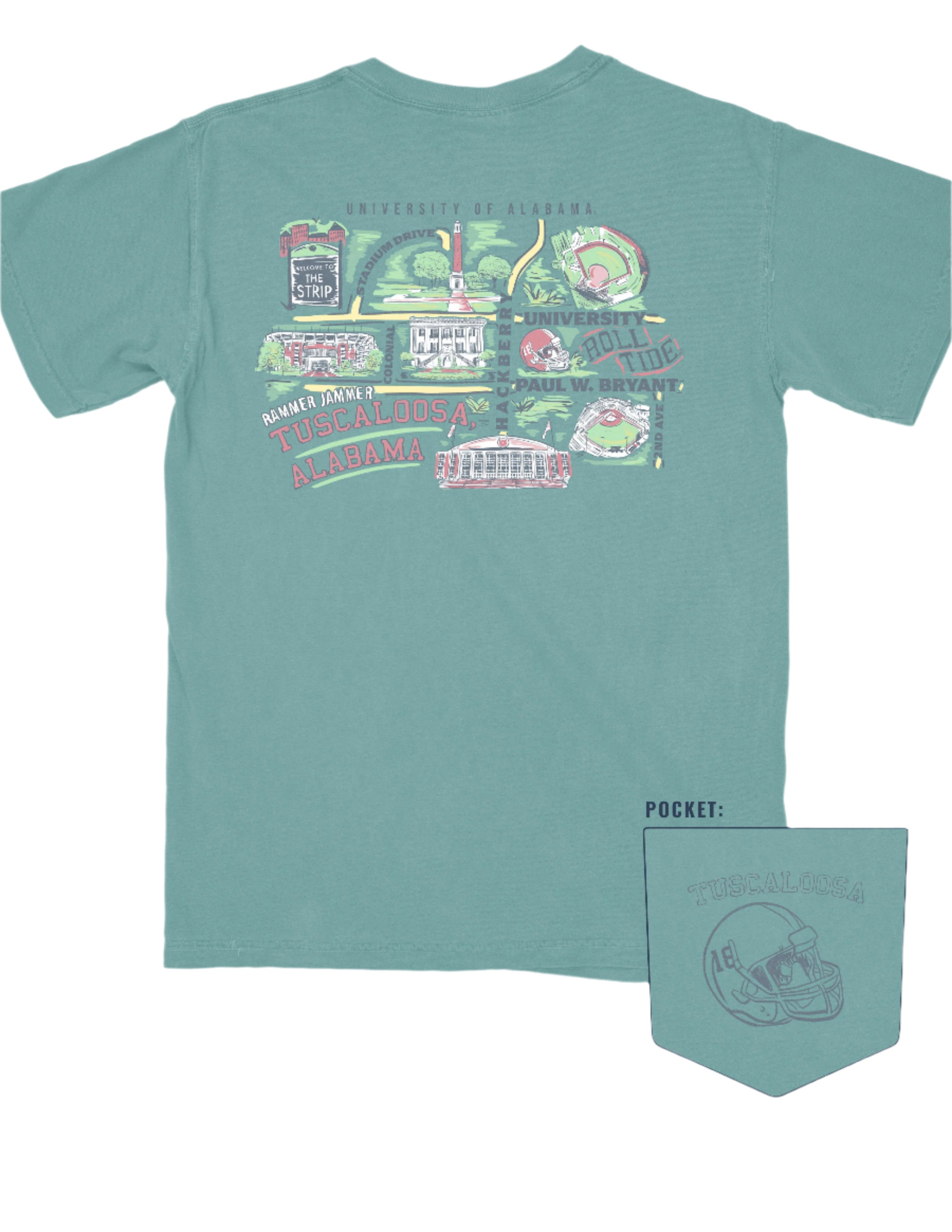 University of Alabama  Tuscaloosa Seafoam Comfort Colors T-Shirt with a graphic map of The University of Alabama landmarks (Back)