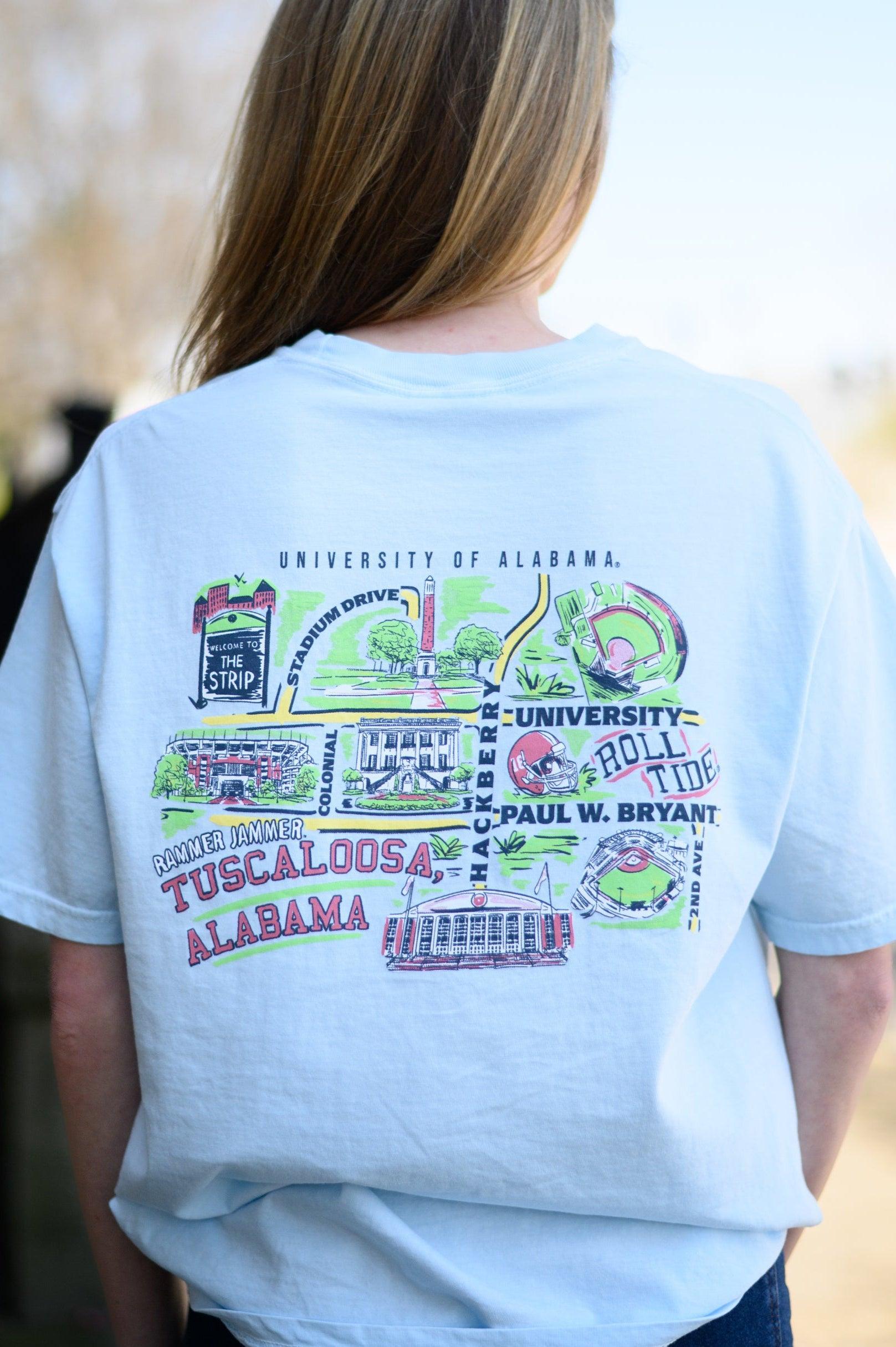 Local Merch Light Blue T-Shirt with a graphic map of The University of Alabama’s landmarks and Red text “Tuscaloosa Alabama”