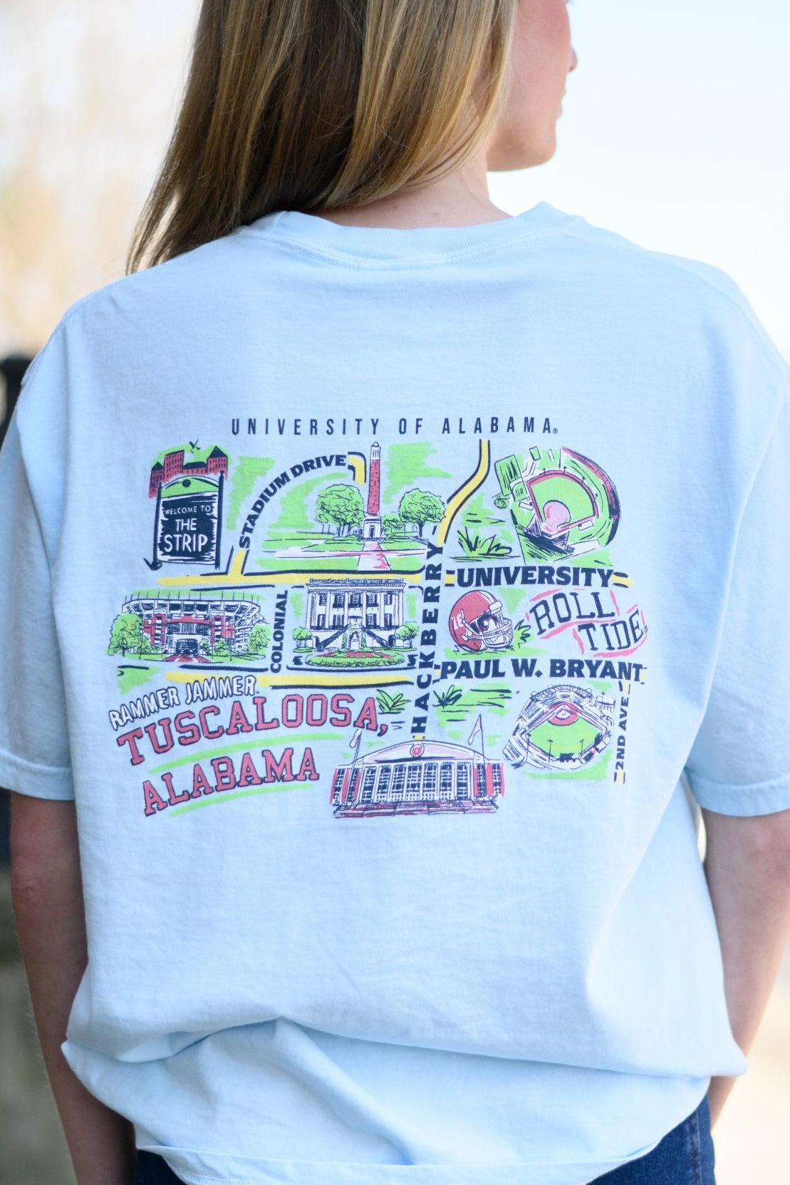 Local Merch Light Blue T-Shirt with a graphic map of The University of Alabama’s landmarks and Red text “Tuscaloosa Alabama”