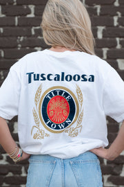 Tuscaloosa White T-Shirt with Navy text "Tuscaloosa" above the Title Town emblem