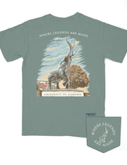 Green t-shirt with graphic of an elephant and text 'Where Legends Are Made' and 'University of Alabama' on a white background.