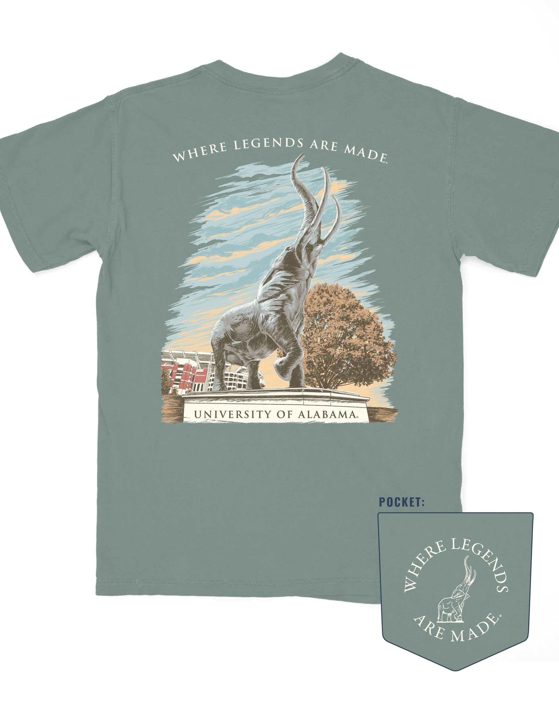 Green t-shirt with graphic of an elephant and text 'Where Legends Are Made' and 'University of Alabama' on a white background.