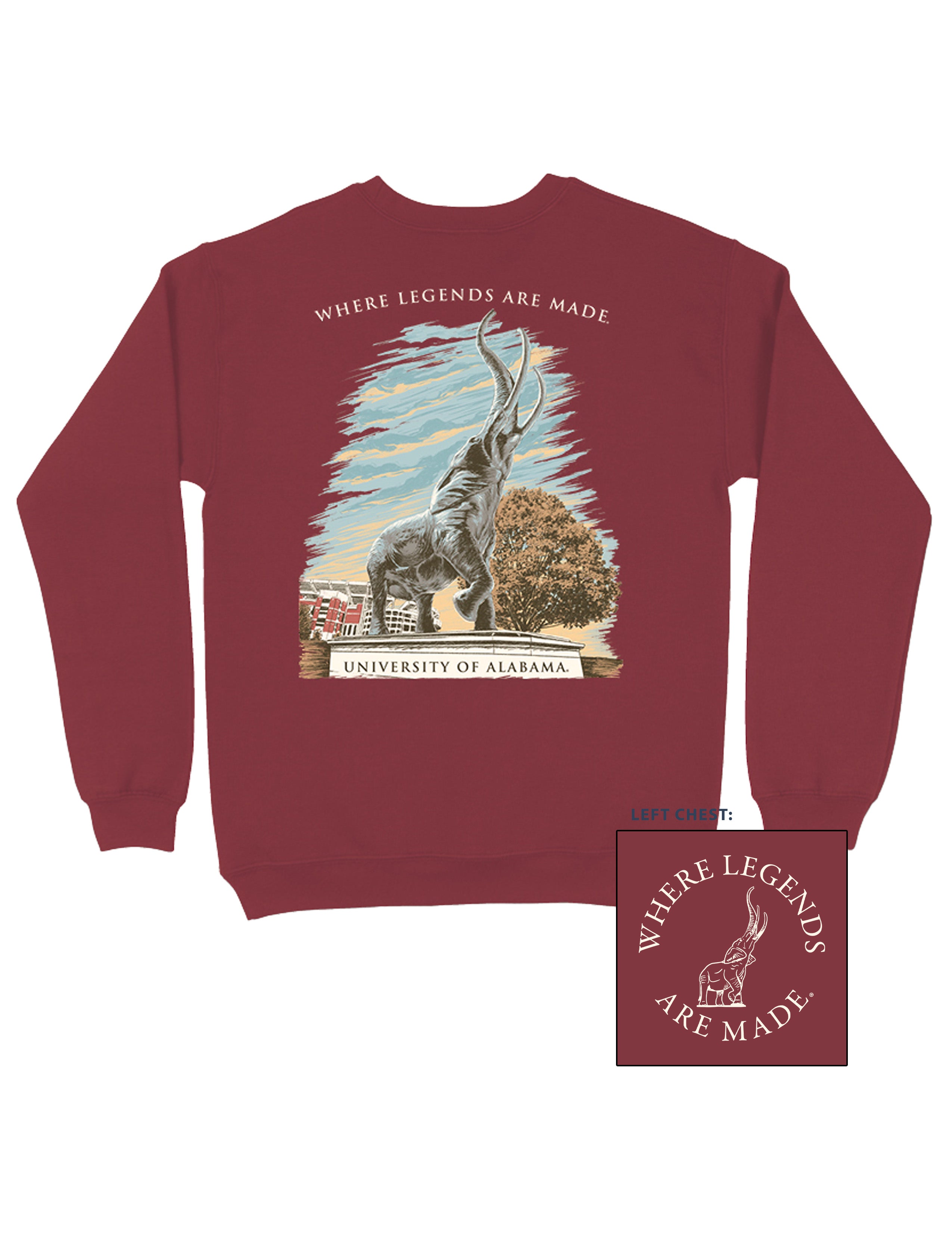 University of Alabama Red Sweatshirt with an image of the Tuska Statue underneath White text "Where Legends Are Made"