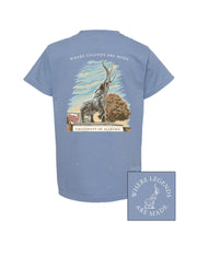University of Alabama Blue Youth T-Shirt with an image of the Tuska Statue underneath White text "Where Legends Are Made"
University of Alabama Blue Chest Design with White text “Where Legends Are Made” surrounding a graphic of the Tuska Statue