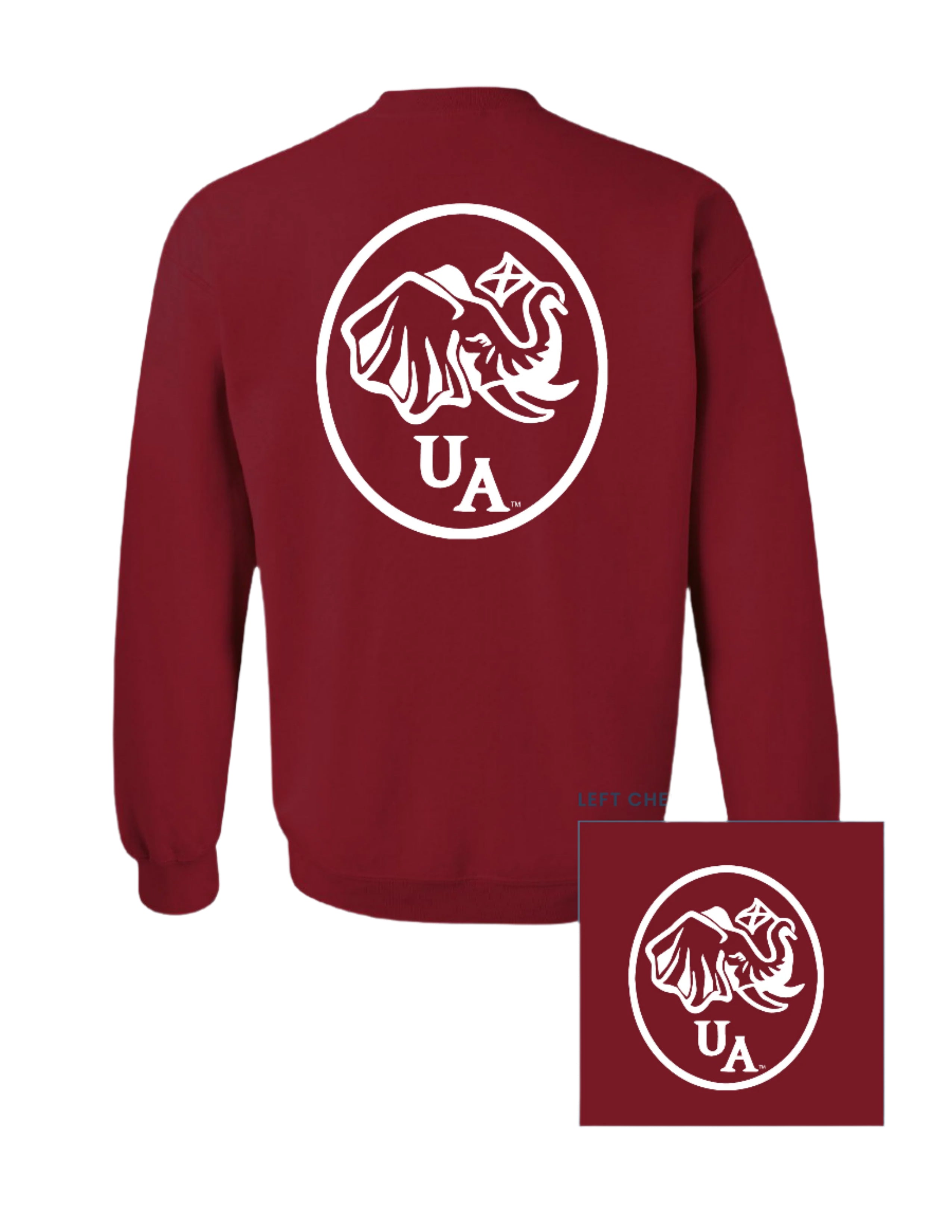 University of Alabama Red Elephant Seal Sweatshirt with an image of an elephant holding an Alabama State flag above he letters "UA"