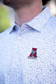 University of Alabama Grey UA Tailgate Men's Polo with a small Grey pattern of Drinks, Snacks, Grills, and Alabama states, etc. and Vintage A Logo Embroidery