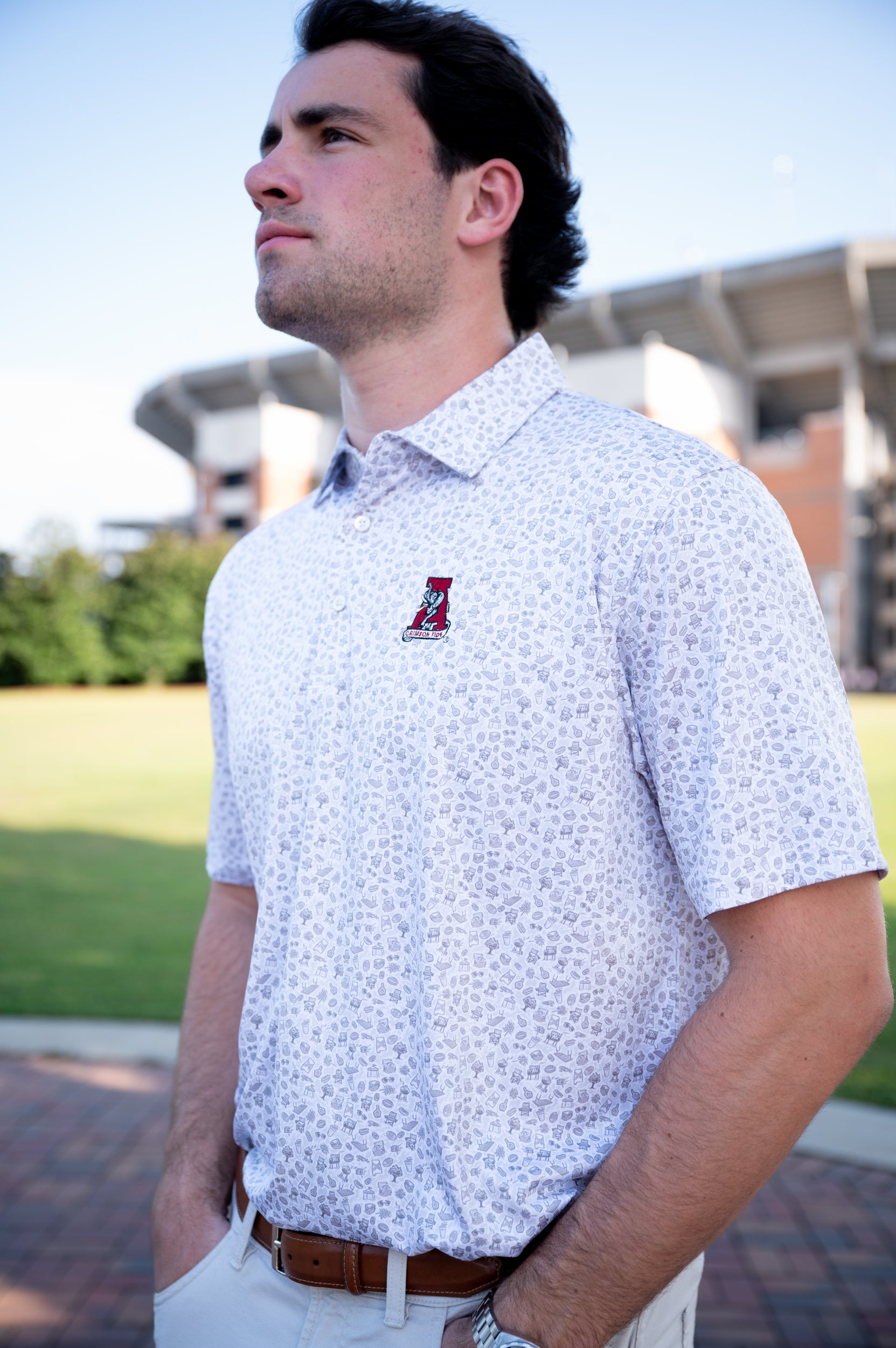 University of Alabama Grey UA Tailgate Men's Polo with a small Grey pattern of Drinks, Snacks, Grills, and Alabama states, etc. and Vintage A Logo Embroidery