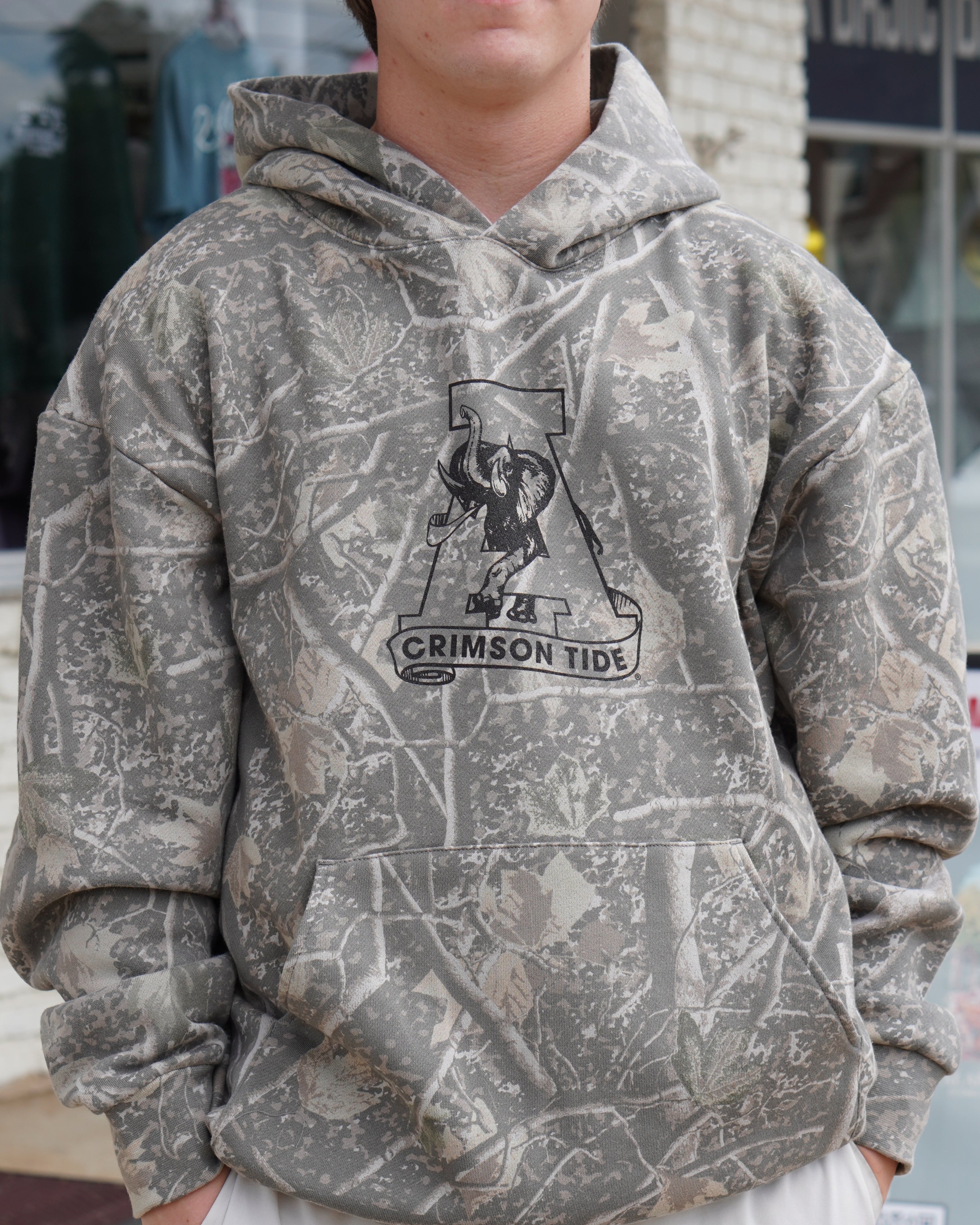 University of Alabama Camo Hoodie with Black print of the Vault A Logo