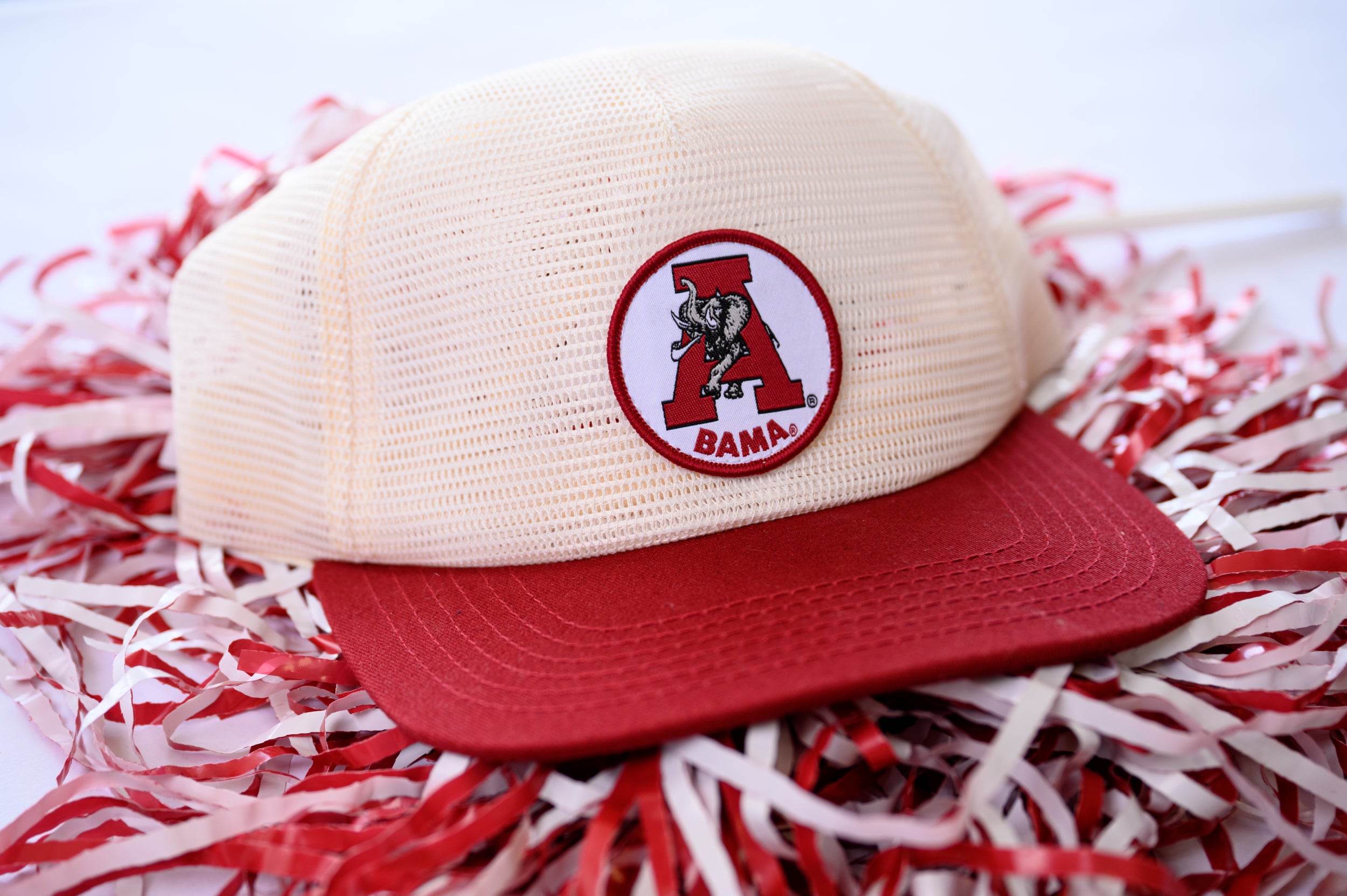 University of Alabama White and Crimson Hat with embroidery of the Vintage A Logo