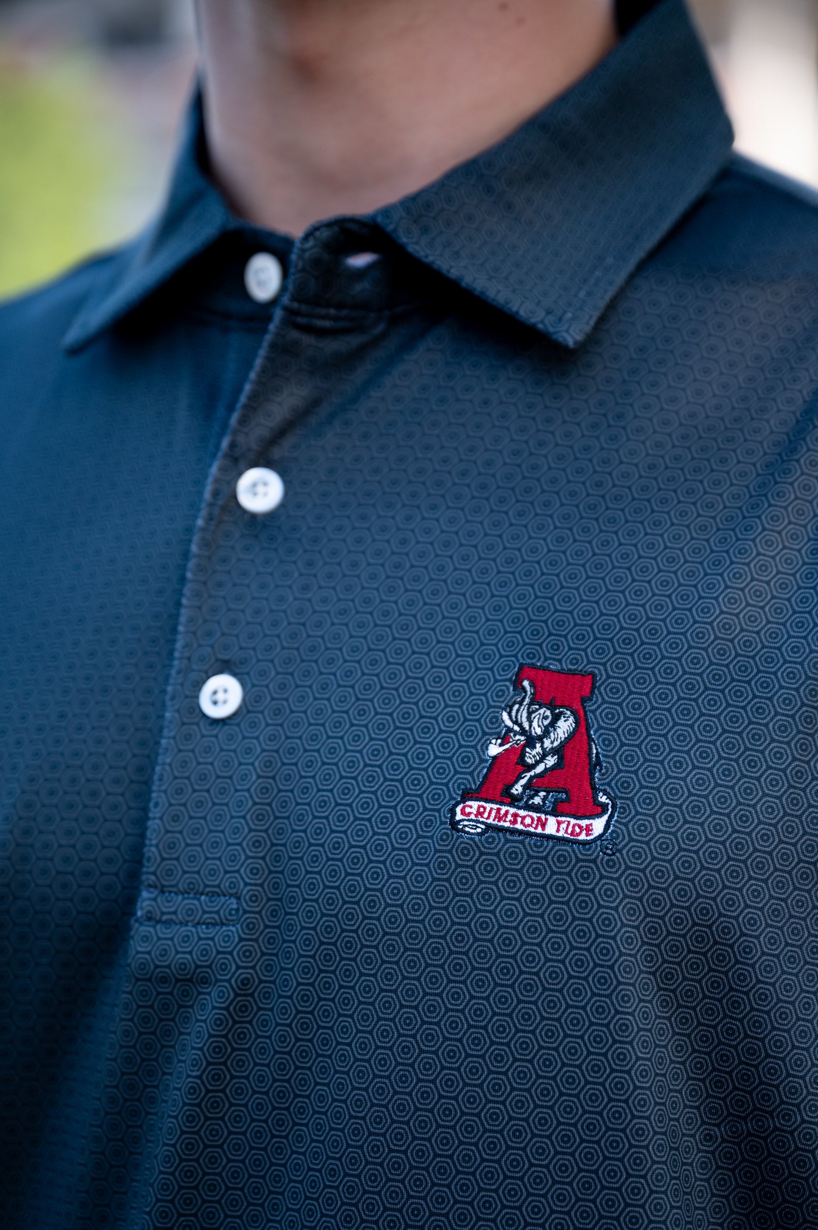 University of Alabama Navy Men's Hex Polo with Vintage A Logo embroidery
