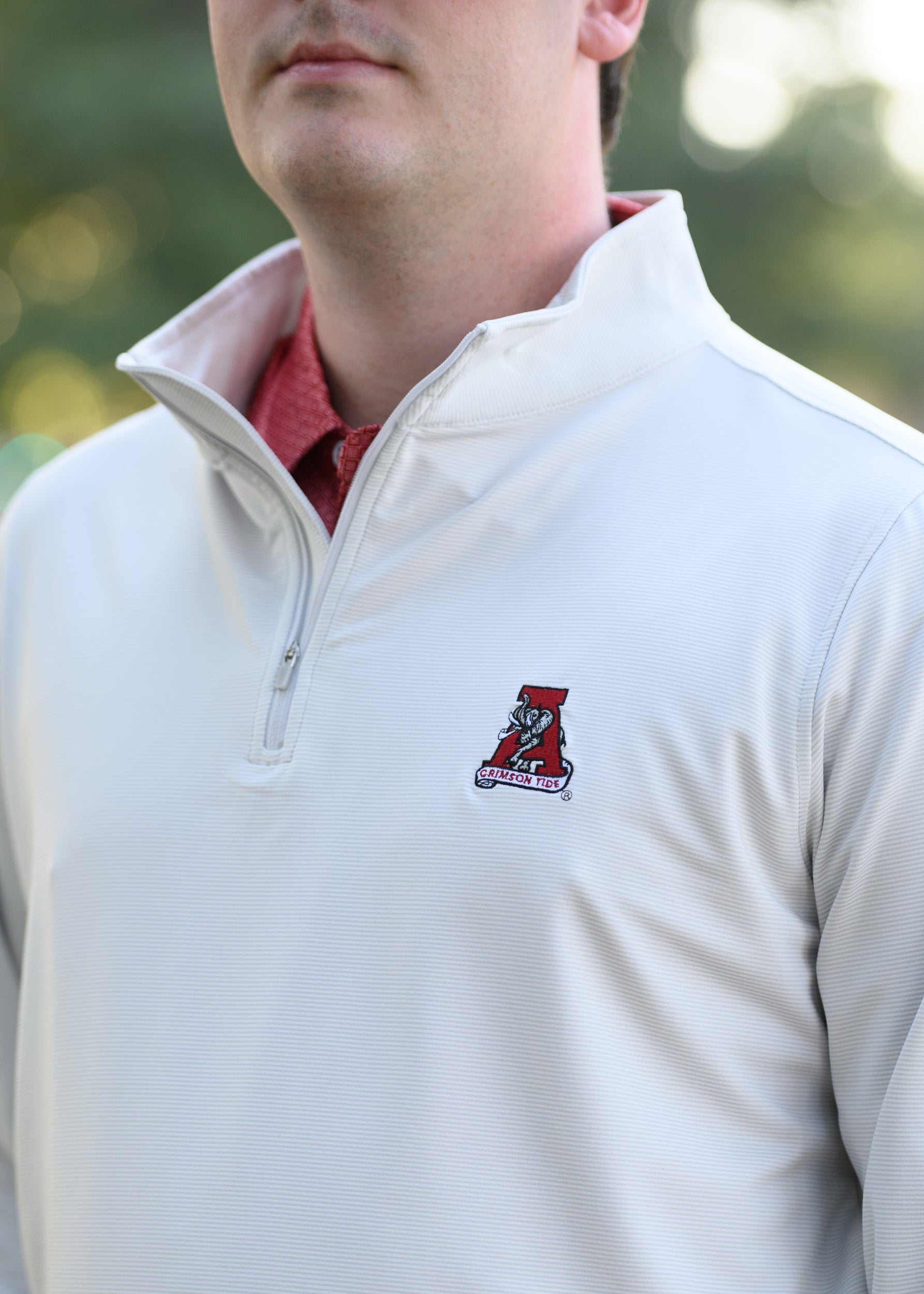 University of Alabama Grey Men's Stripe 1/4 Zip with Vintage A Logo embroidery on the chest