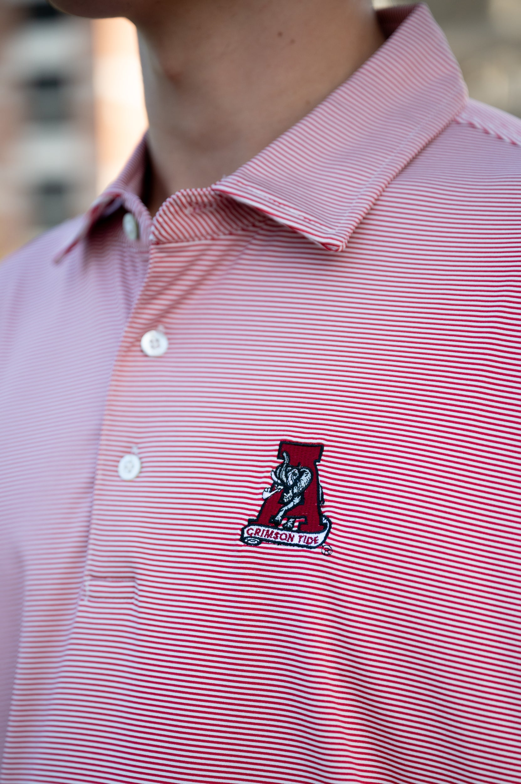 University of Alabama Crimson Men's Stripe Polo with an embroidered Vintage A Logo