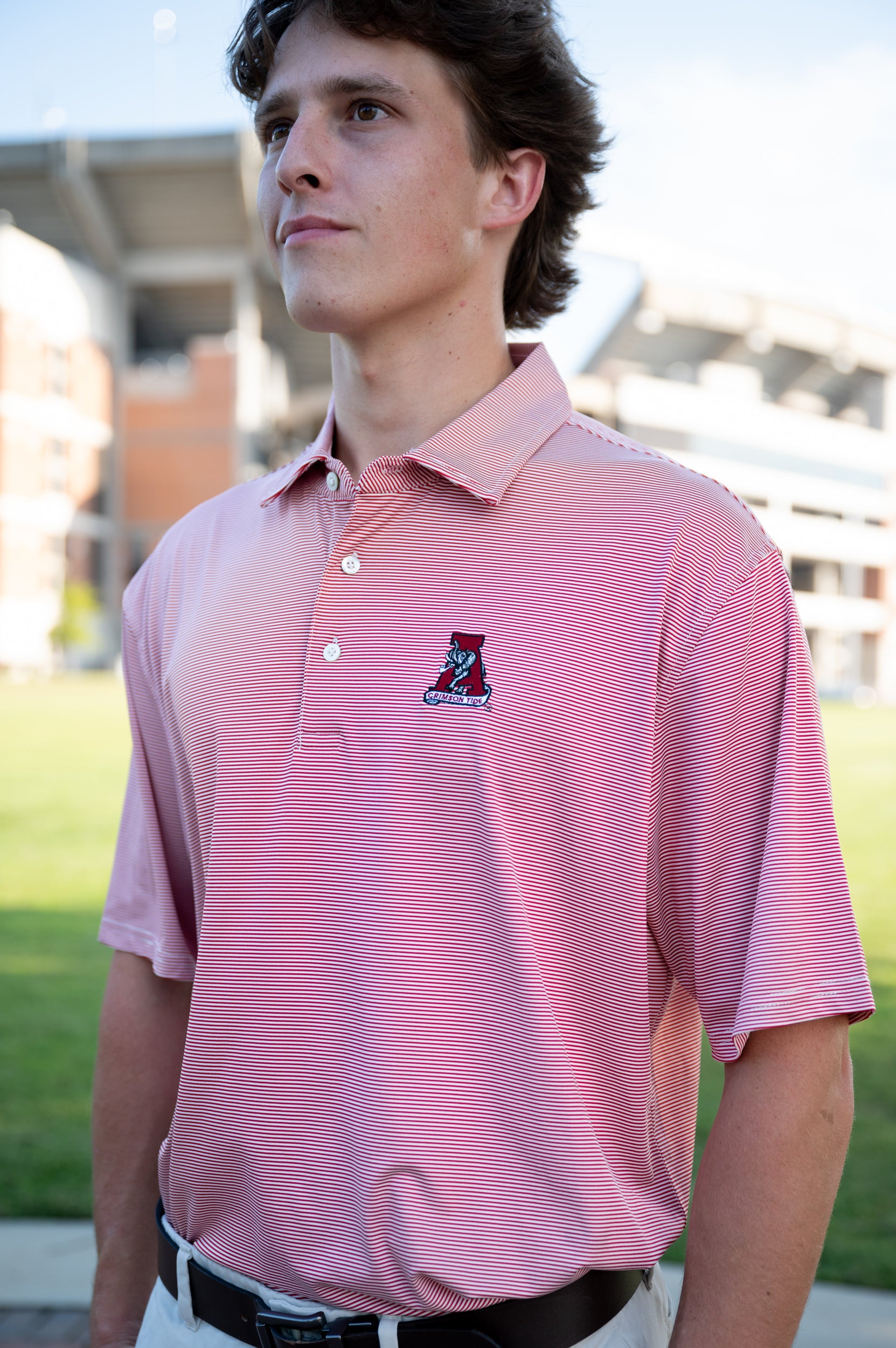 University of Alabama Crimson Men's Stripe Polo with an embroidered Vintage A Logo