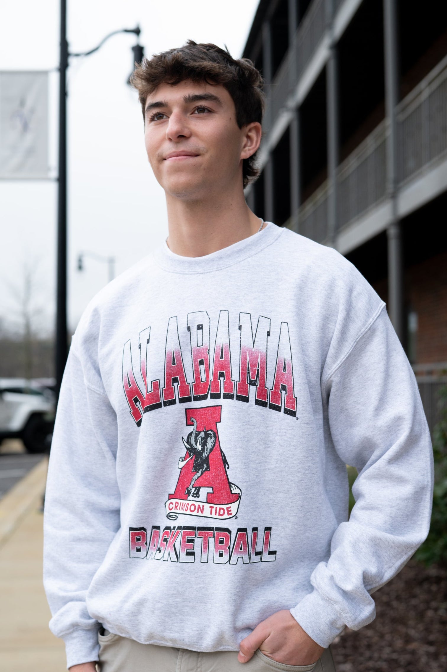 University of Alabama Light Grey Sweatshirt with the Vintage A logo between text "Alabama Basketball"