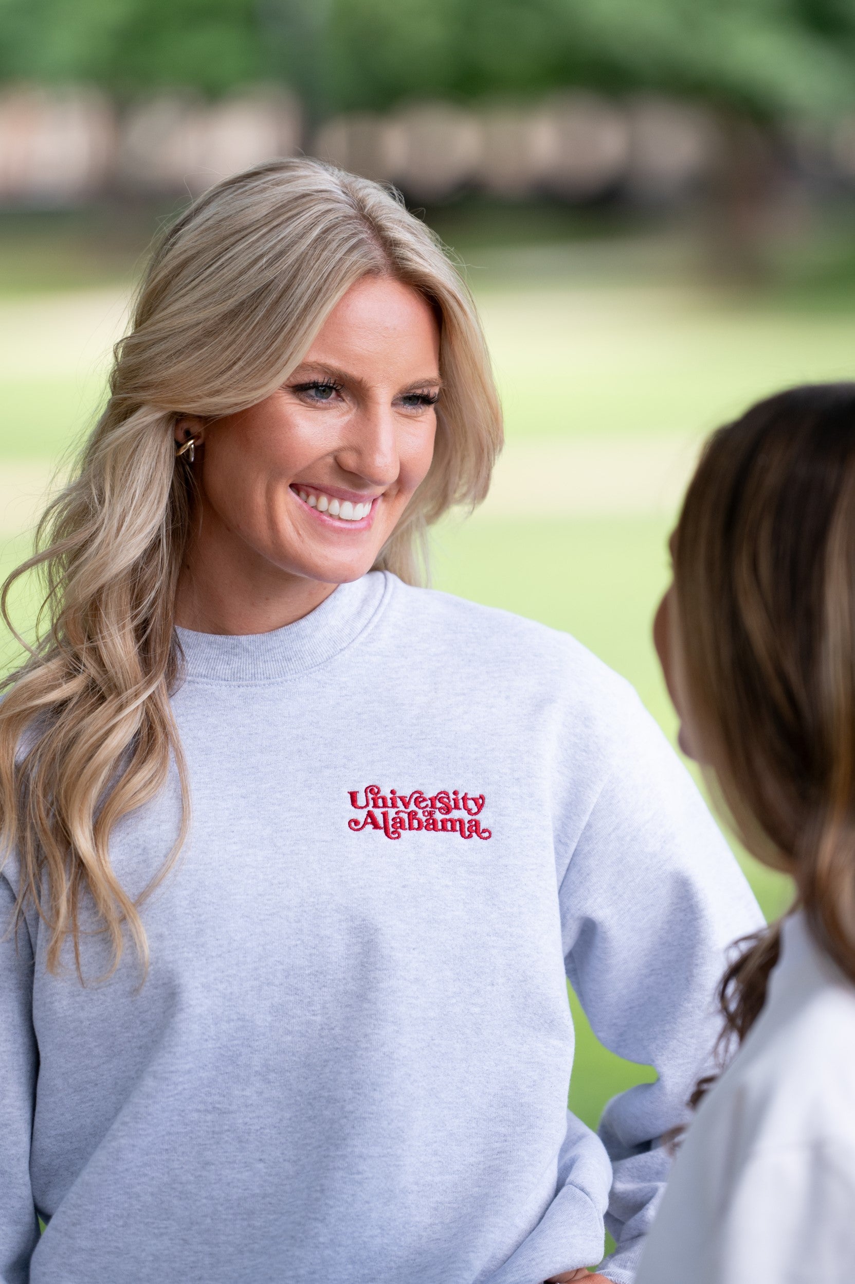 University of Alabama Grey Ladies' Crewneck with Red "University of Alabama" embroidery 