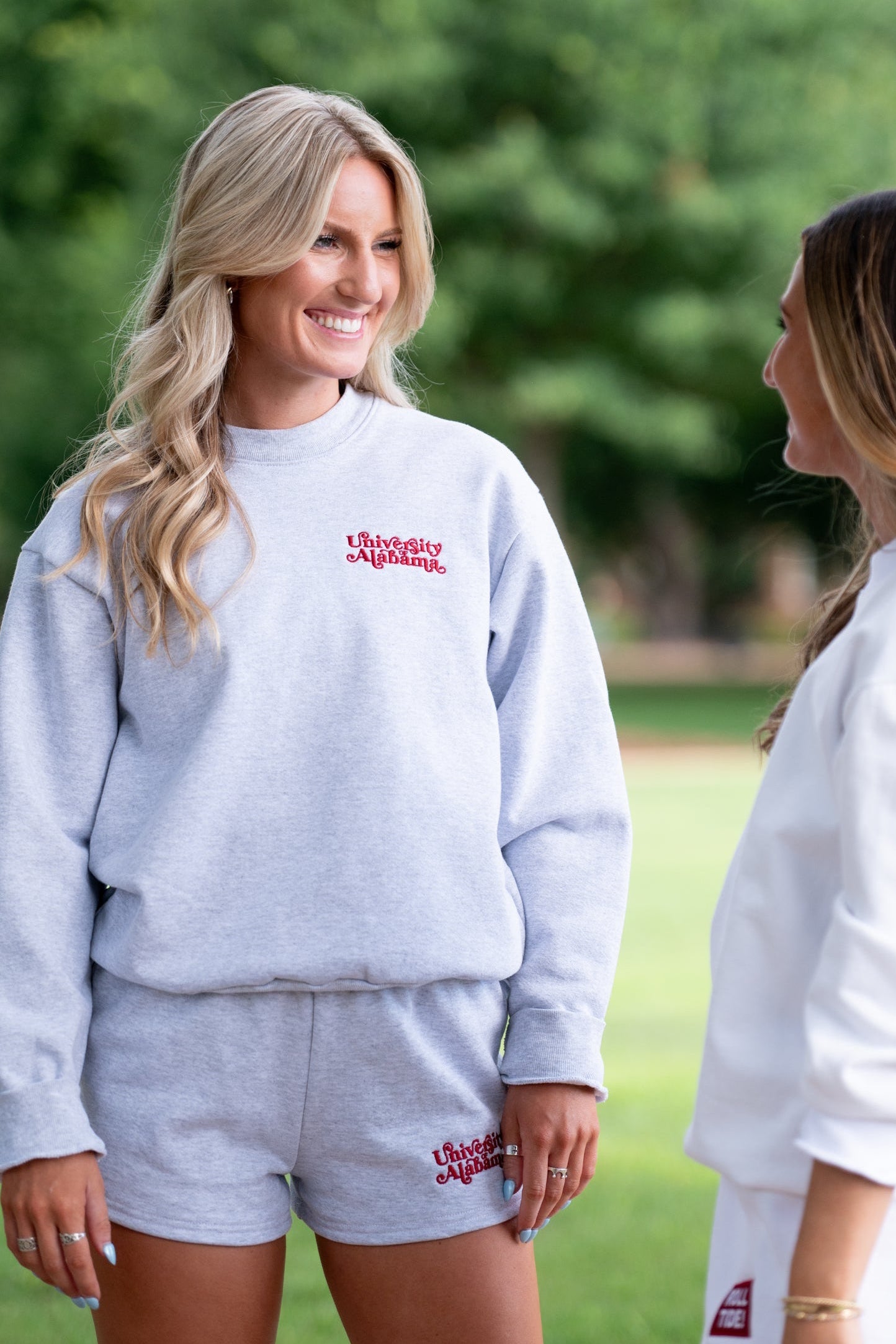 University of Alabama Grey Ladies' Crewneck with Red "University of Alabama" embroidery