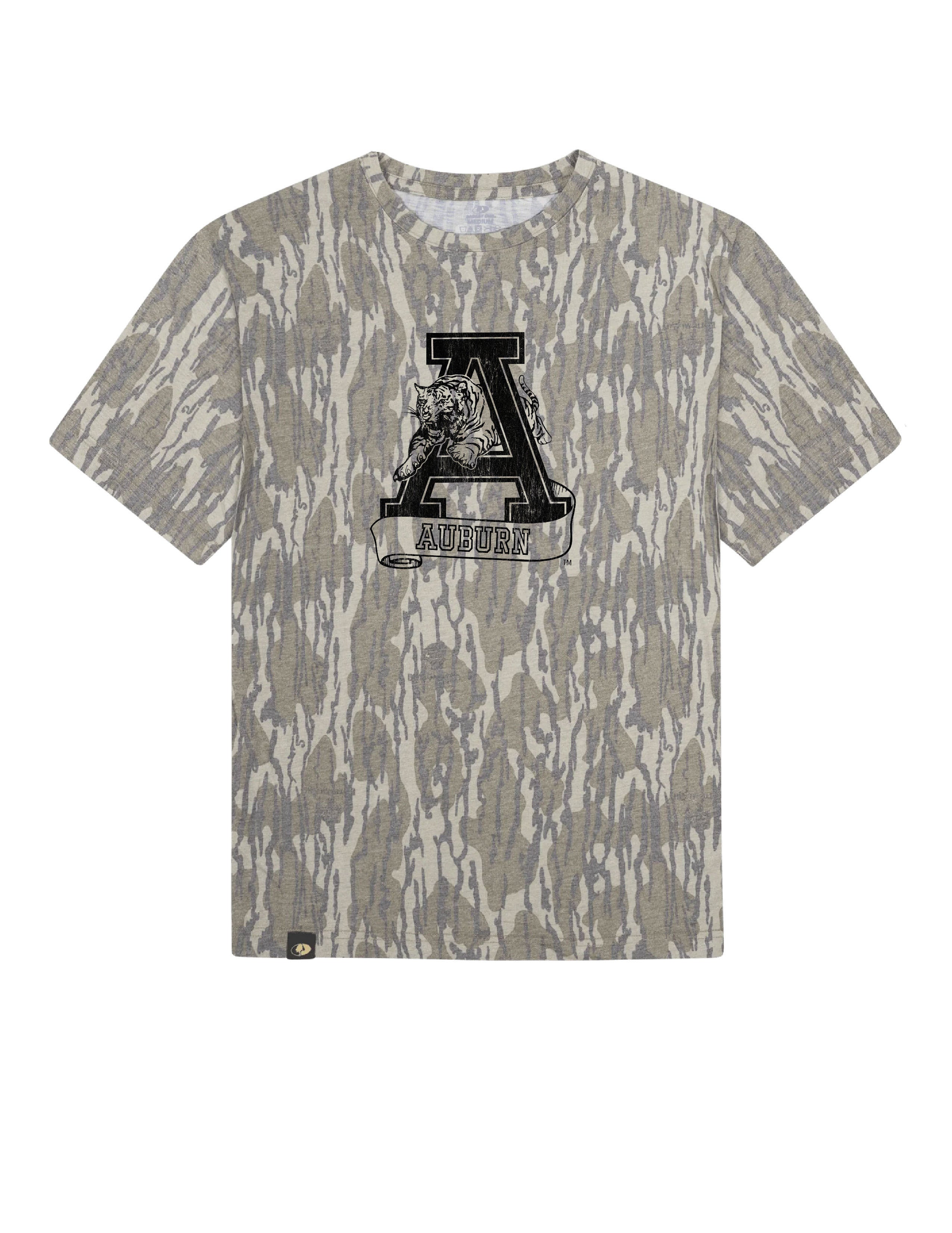 Auburn University Bottomland Camo Tee with a distressed Black print of the Leaping Tiger logo