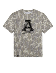 Auburn University Bottomland Camo Tee with a distressed Black print of the Leaping Tiger logo