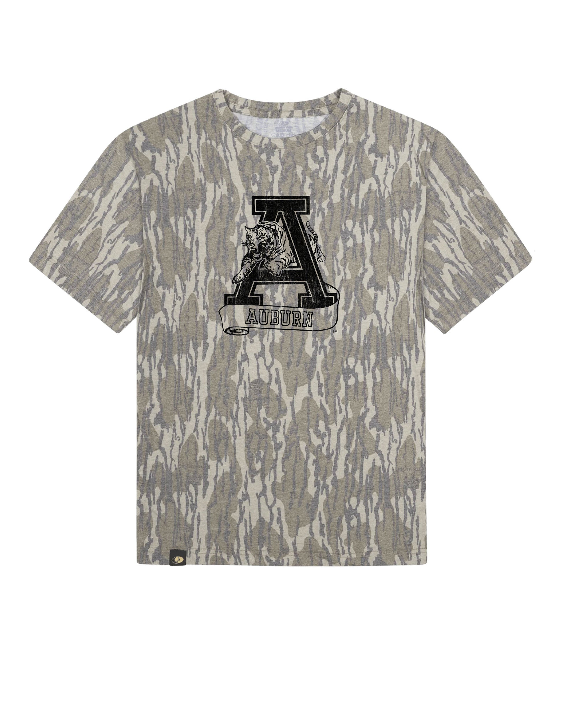 Auburn University Bottomland Camo Tee with a distressed Black print of the Leaping Tiger logo