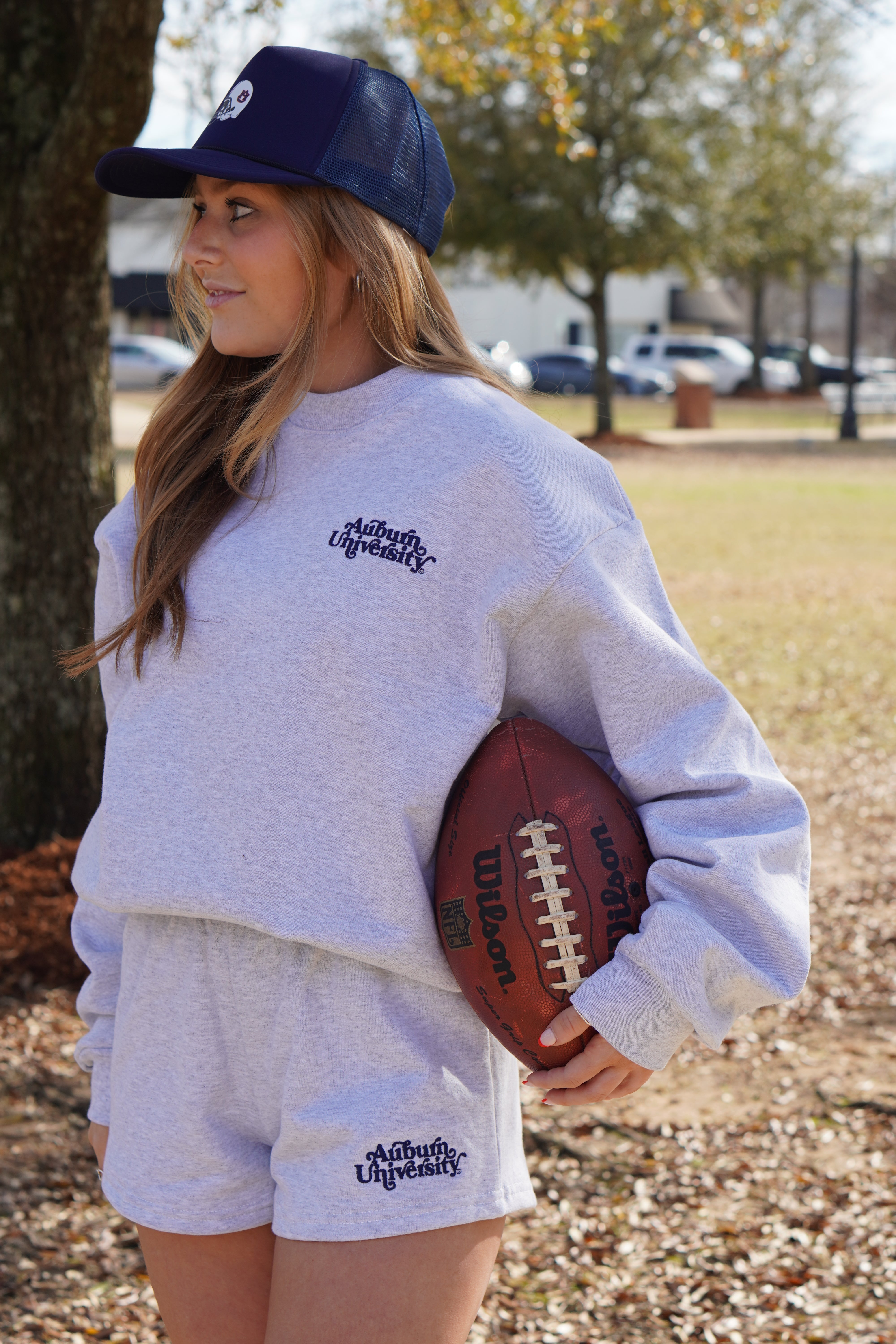 Auburn University Grey Ladies’ Crewneck with Navy "Auburn University" embroidery