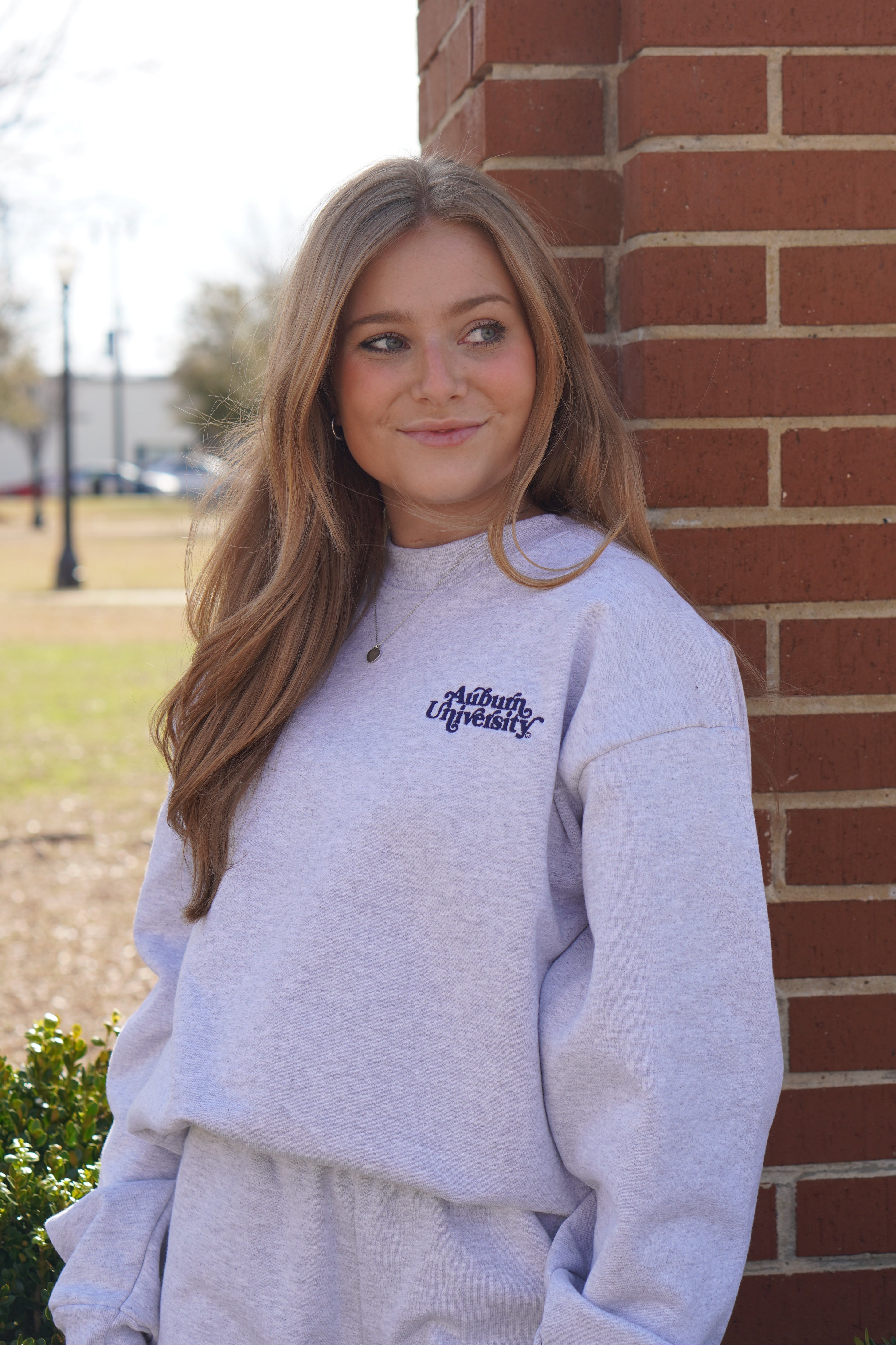 Auburn University Grey Ladies’ Crewneck with Navy "Auburn University" embroidery