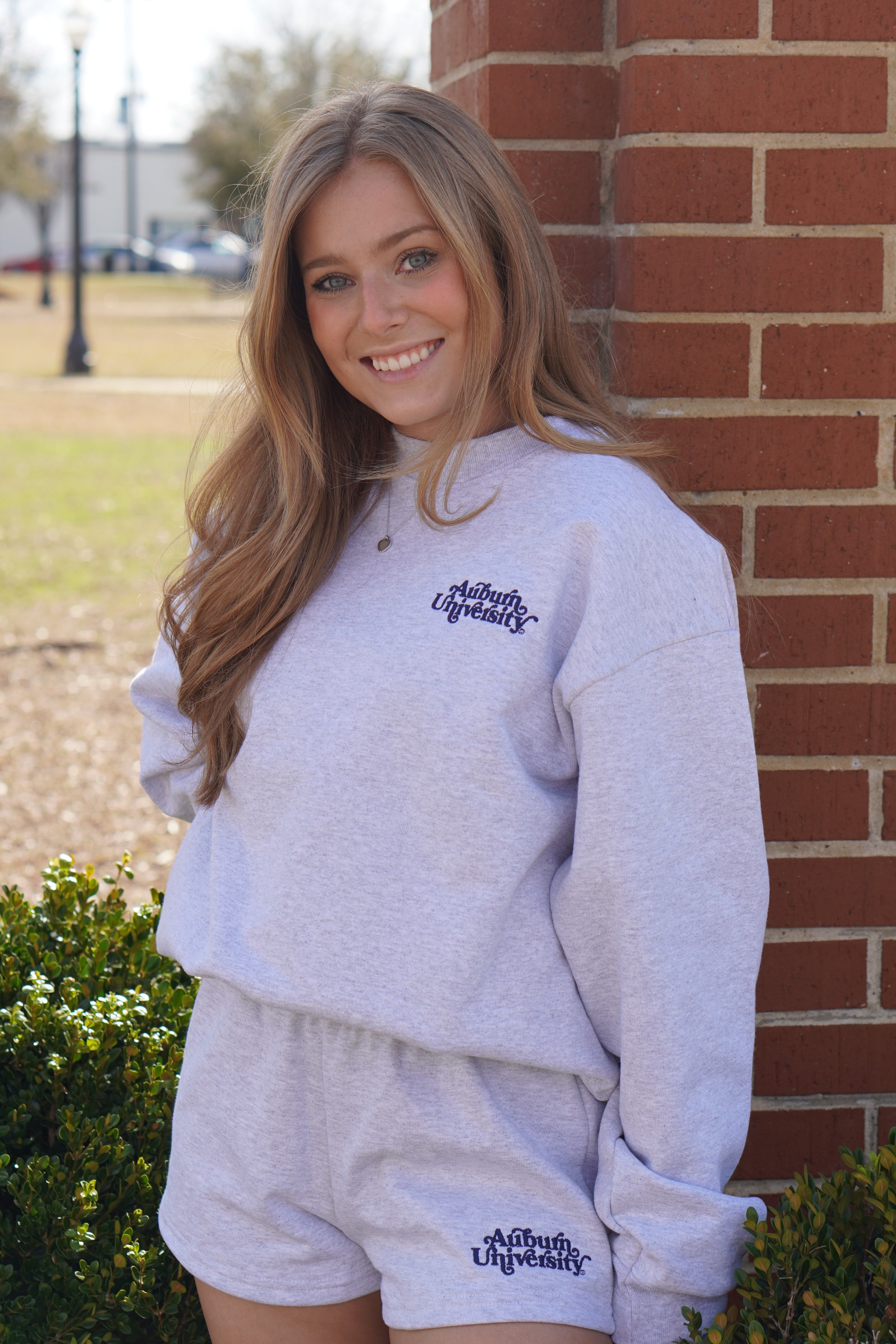 Auburn University Grey Ladies’ Crewneck with Navy "Auburn University" embroidery