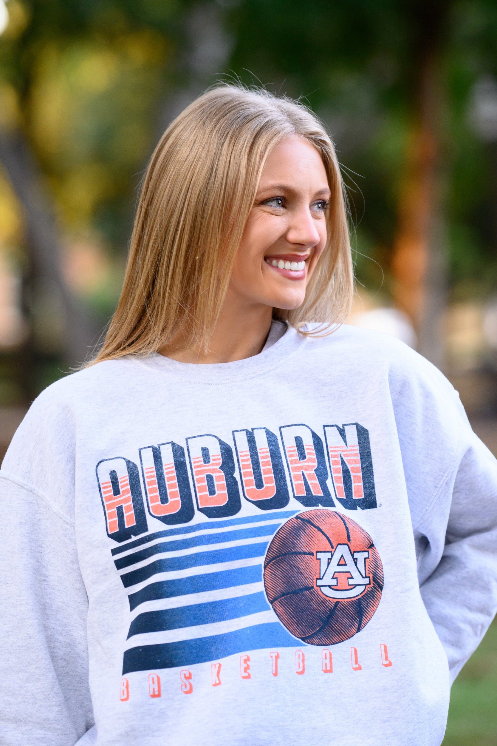 Auburn University Grey Ladies’ Crewneck with Navy "Auburn University" embroidery