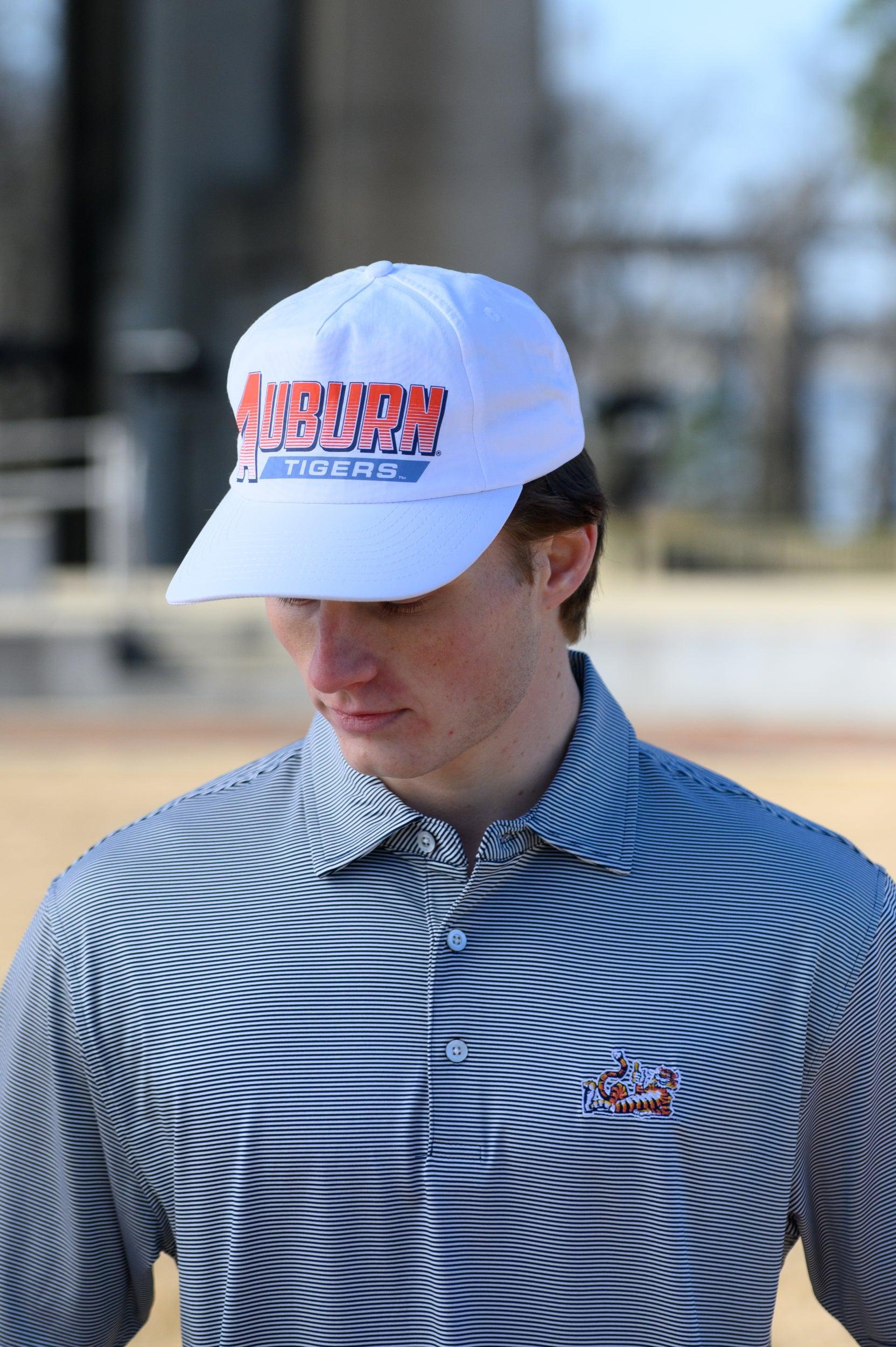 Auburn University White Hat with Orange text "Auburn" above a Blue Stripe with White text "Tigers"