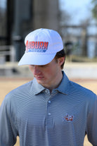 Auburn University White Hat with Orange text "Auburn" above a Blue Stripe with White text "Tigers"