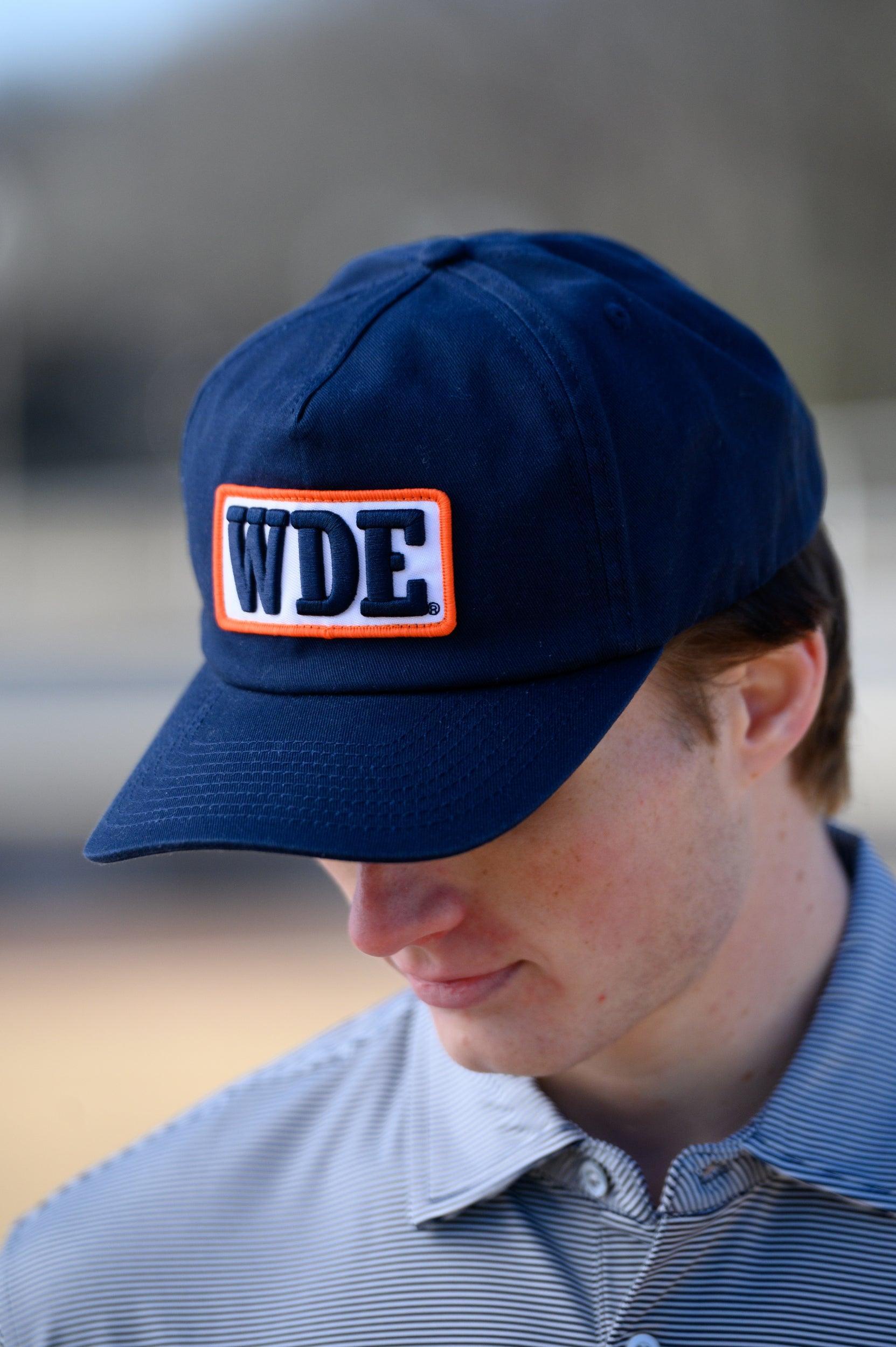 Auburn University Blue Snapback Hat featuring a White patch with Navy letters "WDE"
