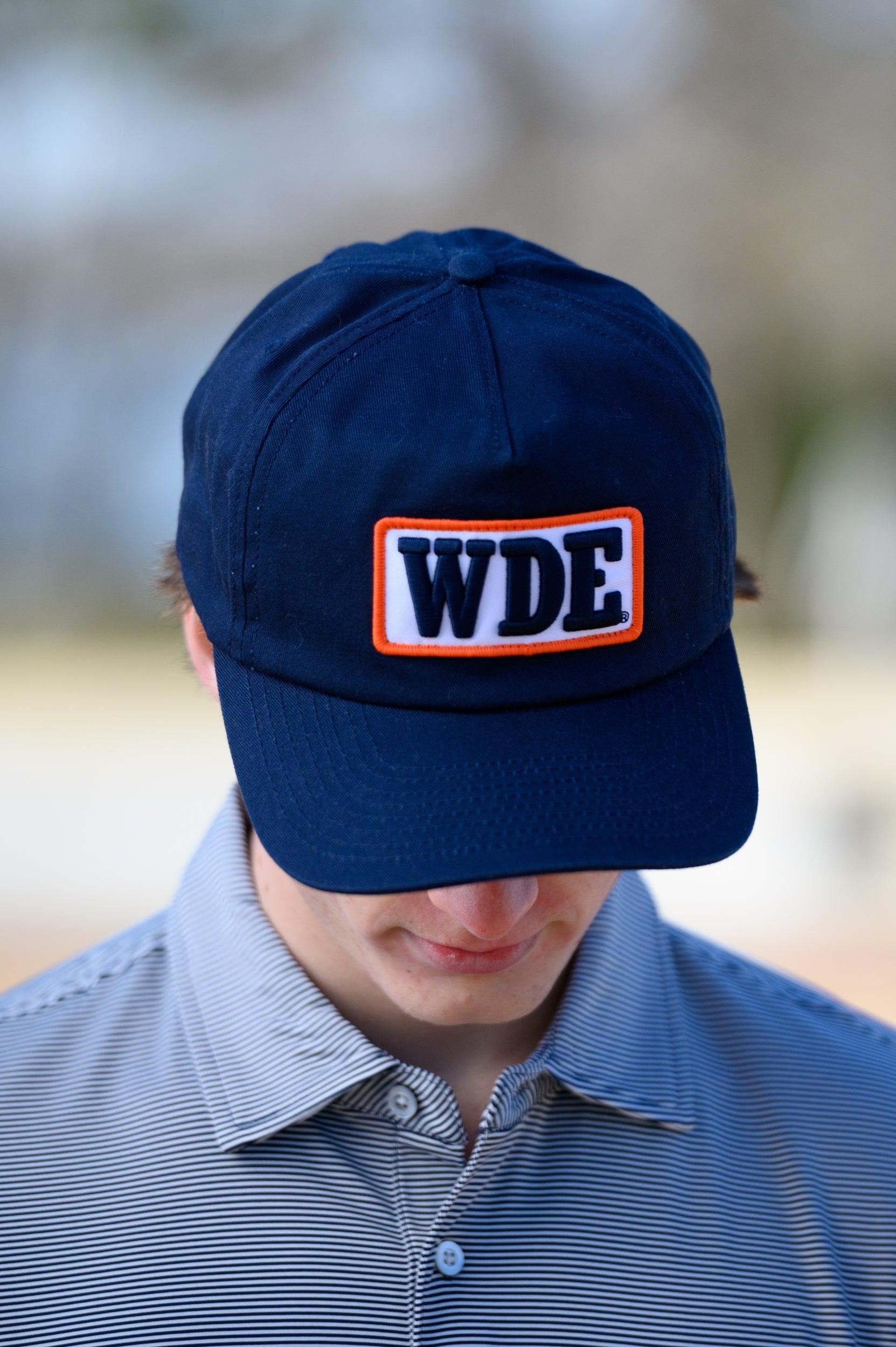 Auburn University Blue Snapback Hat featuring a White patch with Navy letters "WDE"