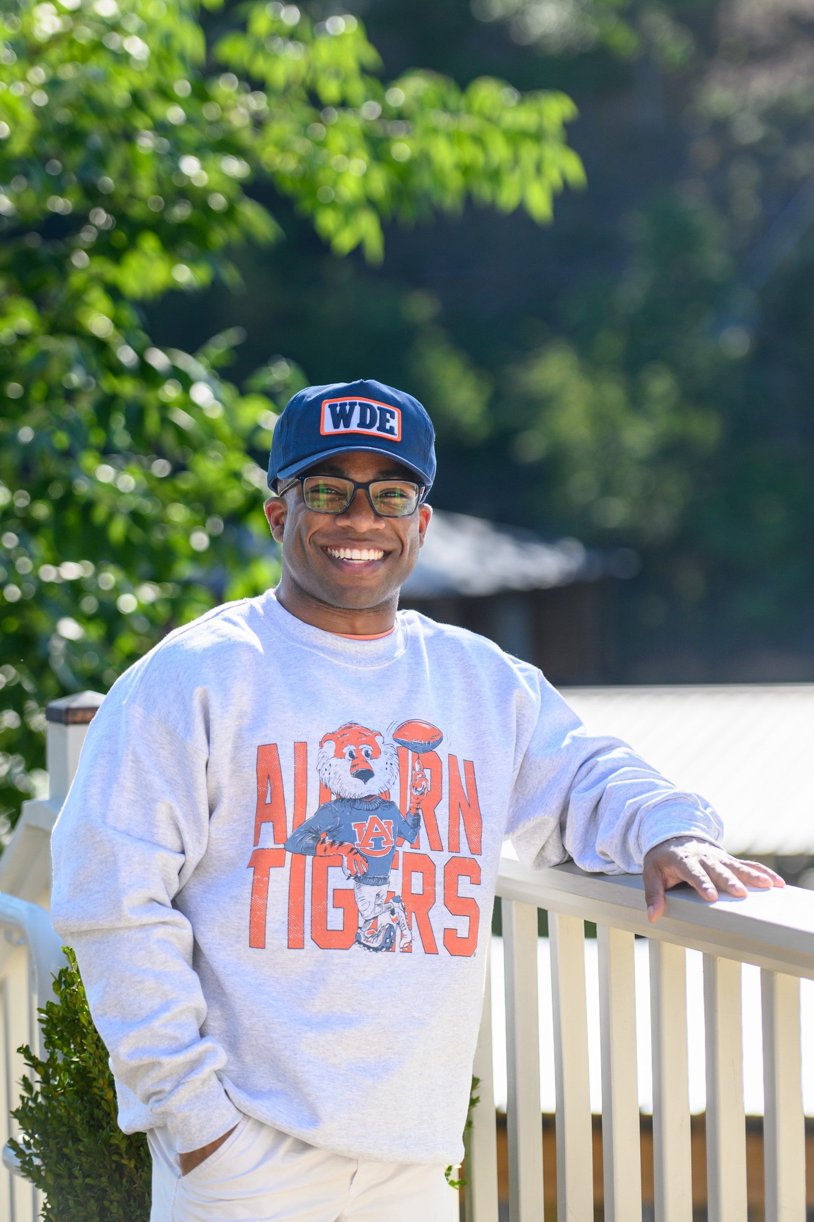 Auburn University Blue Snapback Hat featuring a White patch with Navy letters "WDE"