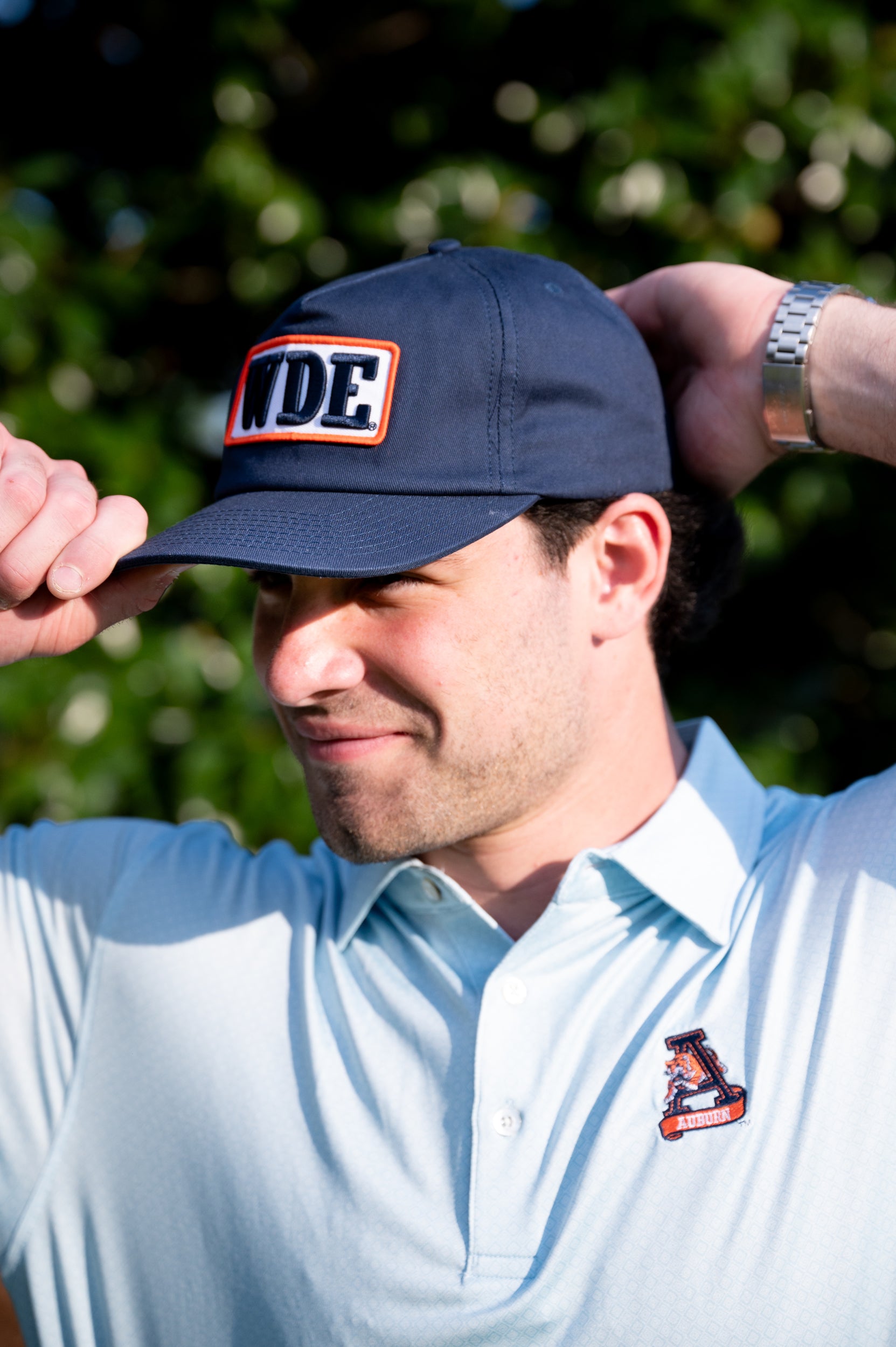 Auburn University Blue Snapback Hat featuring a White patch with Navy letters "WDE"