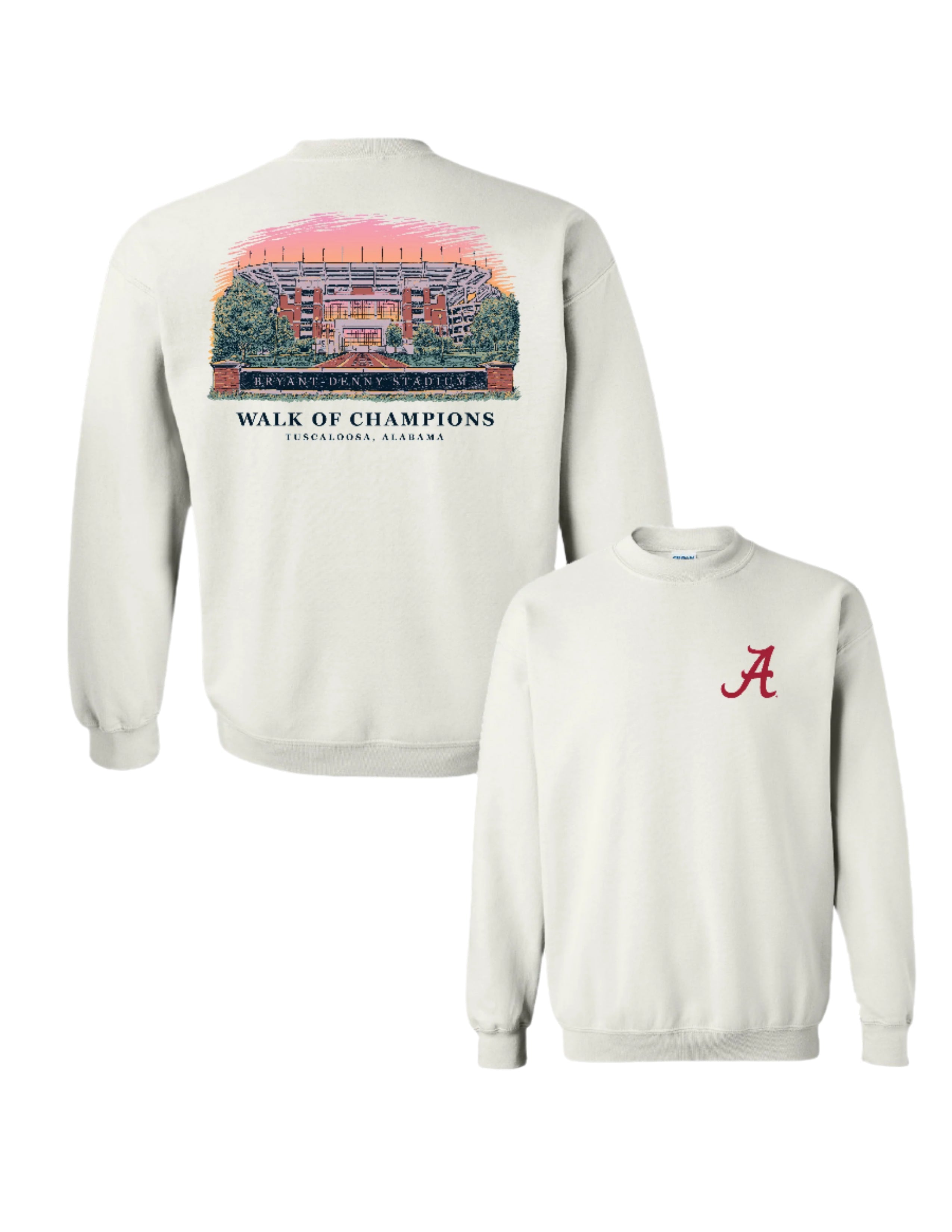 University of Alabama White Crewneck with a hand-drawn design featuring Bryant Denny Stadium and the text 'Walk of Champions - Tuscaloosa, Alabama.'.