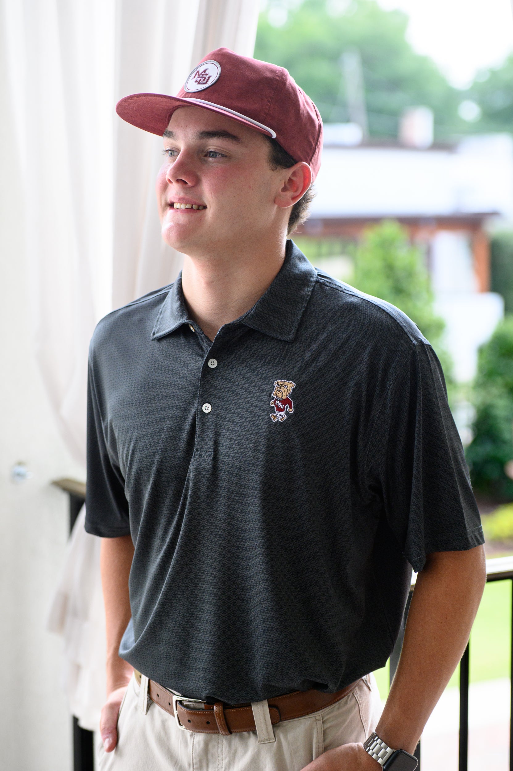 Mississippi State Black Men’s Hex Polo with the Walking Bully Logo embroidery
