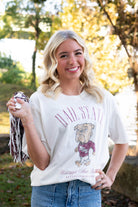 Mississippi State Ivory T-Shirt with Red text “Hail State” above an image of the Walking Bully Logo