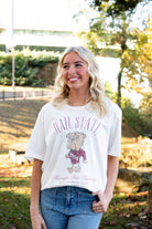 Mississippi State Ivory T-Shirt with Red text “Hail State” above an image of the Walking Bully Logo