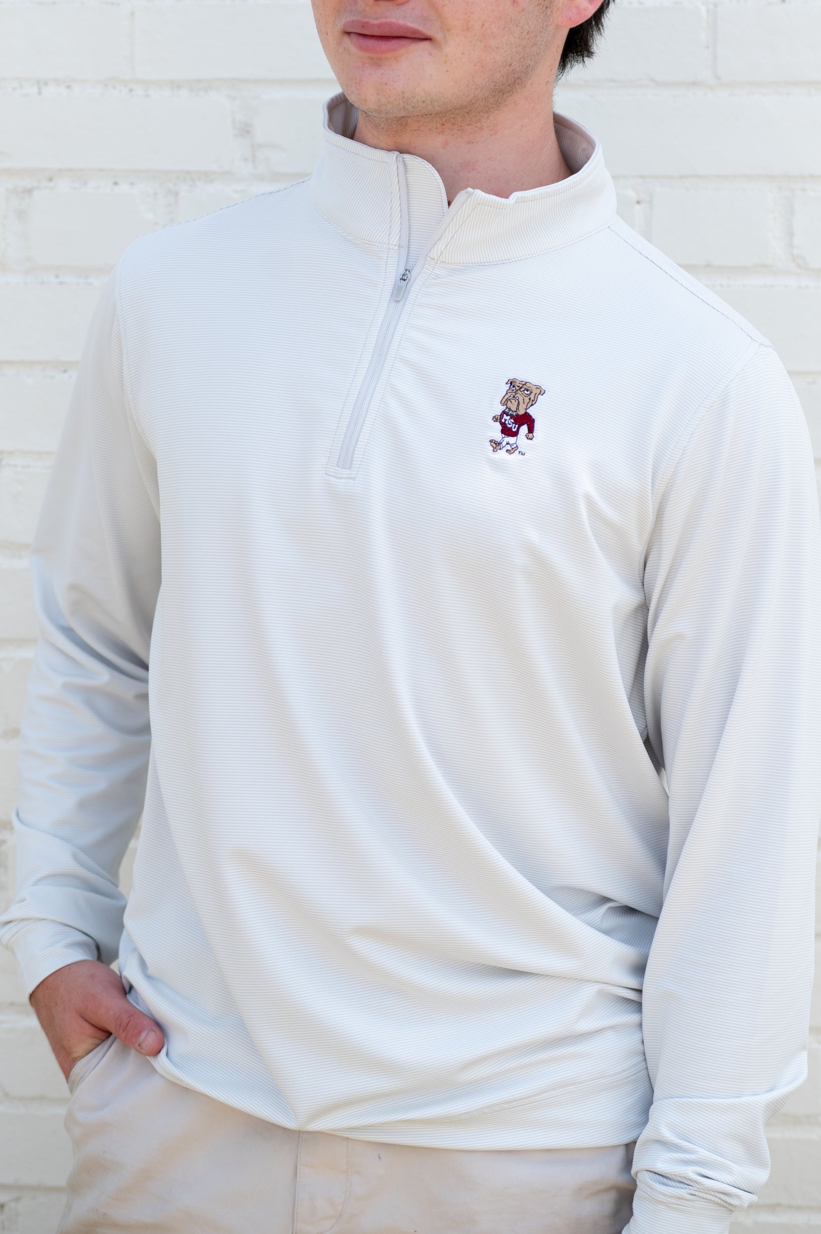 Mississippi State Light Grey Stripe Pullover with the Walking Bully Logo embroidery