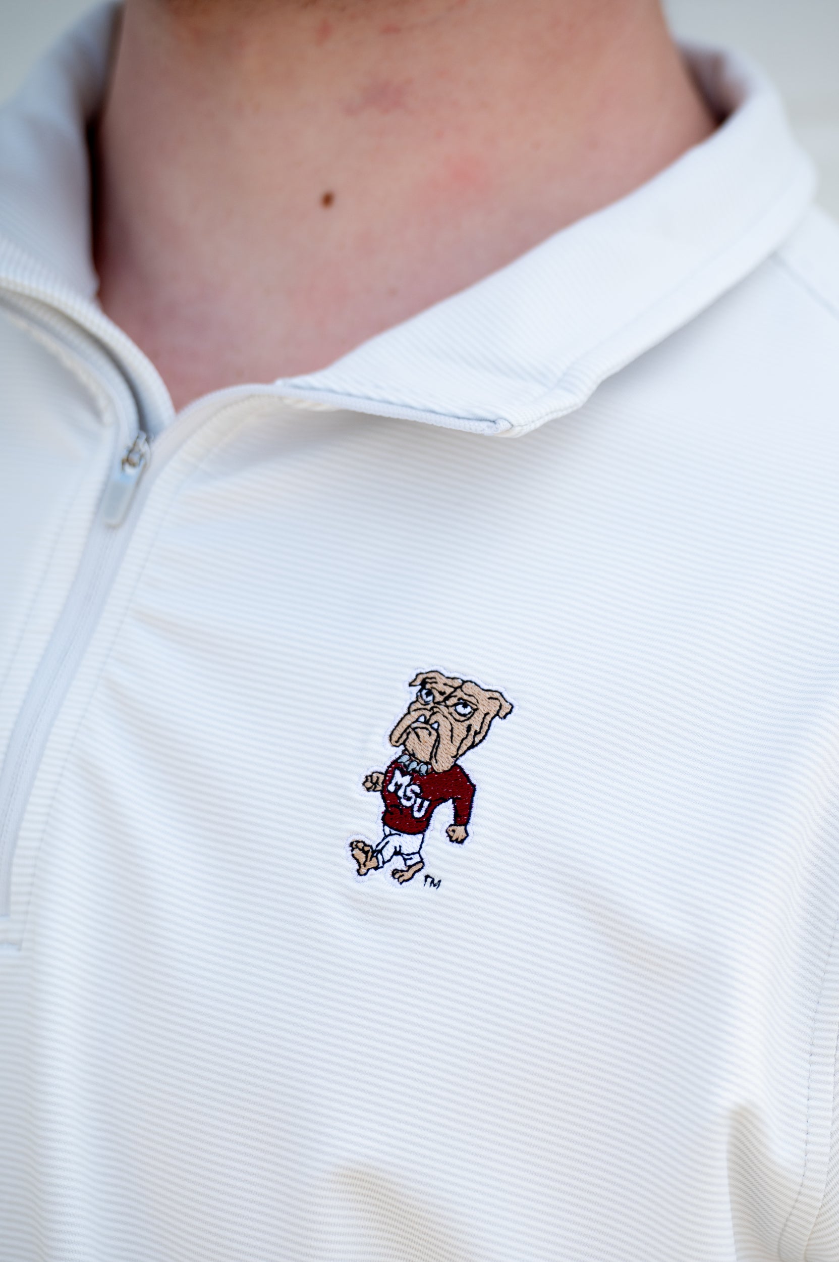 Mississippi State Light Grey Stripe Pullover with the Walking Bully Logo embroidery