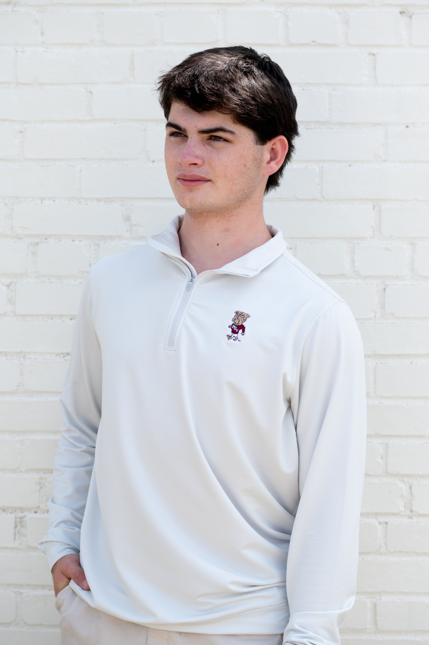 Mississippi State Light Grey Stripe Pullover with the Walking Bully Logo embroidery