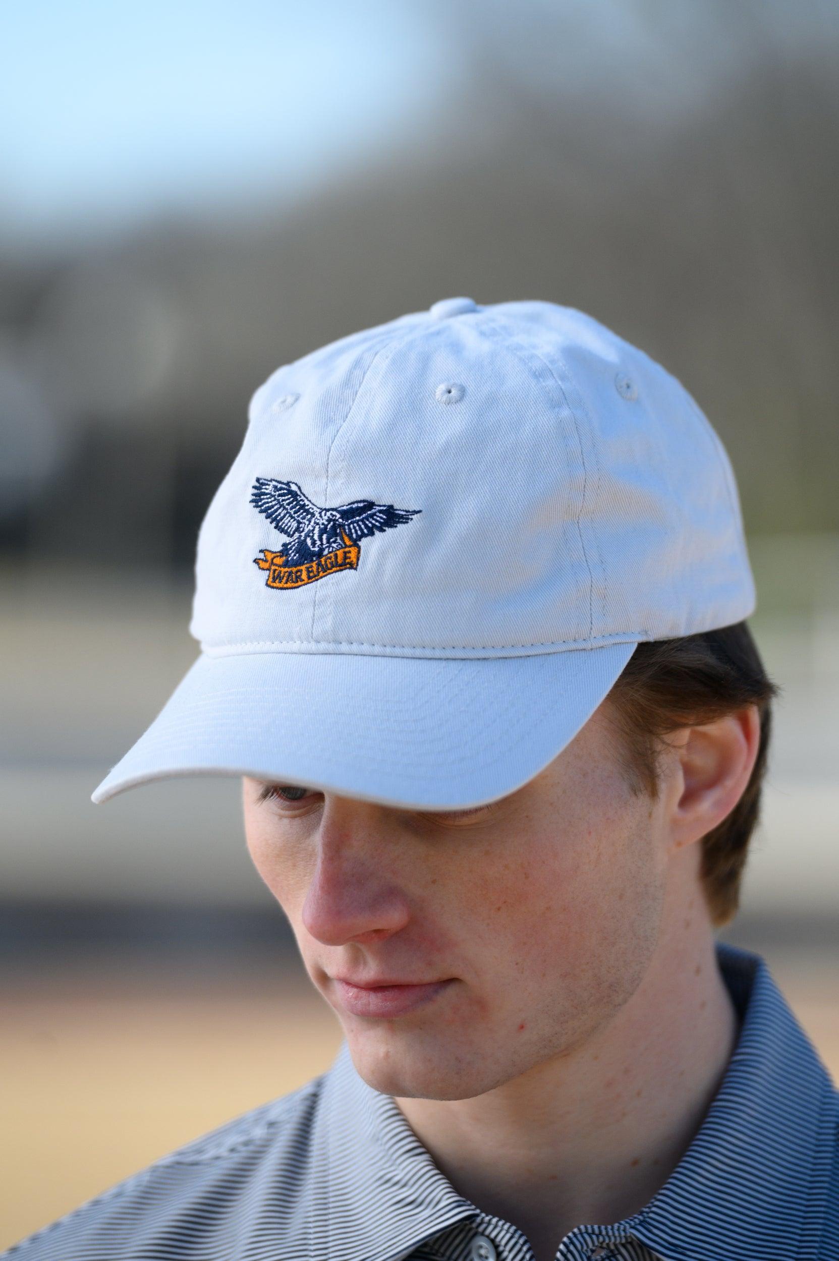 Auburn University White Dad Hat with a blue embroidered logo of the War Eagle Banner.