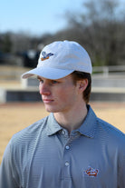 Auburn University White Dad Hat with a blue embroidered logo of the War Eagle Banner.