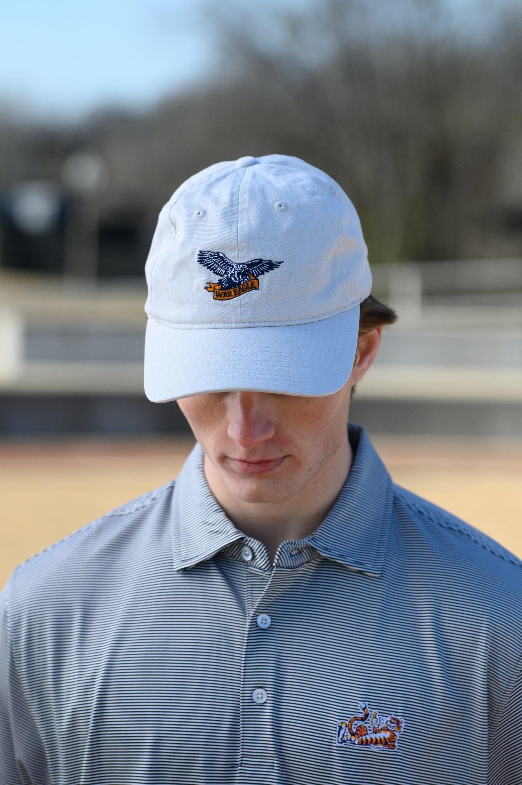 Auburn University White Dad Hat with a blue embroidered logo of the War Eagle Banner.